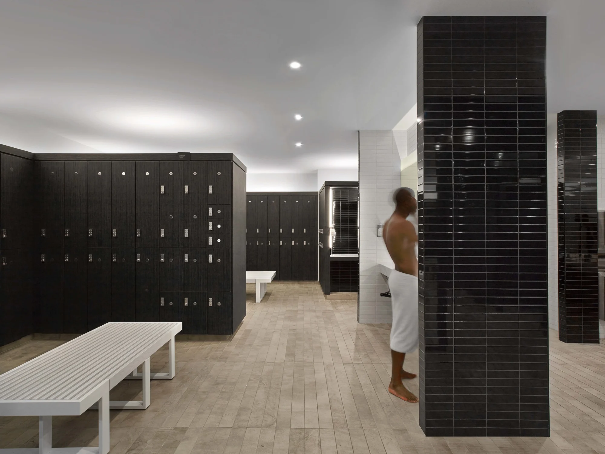 locker room, bench, black tiles