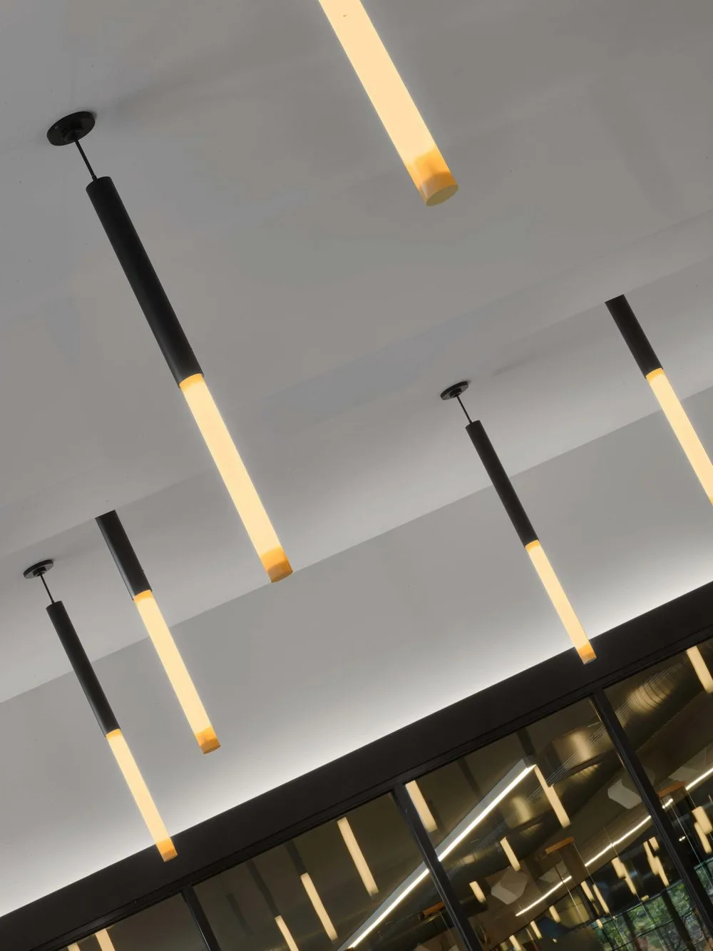 hanging lights, metal, windows
