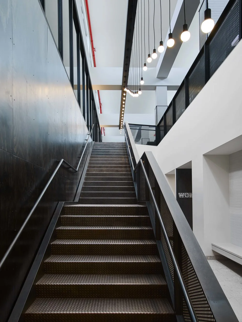 stairs, metal, mesh, hanging lights