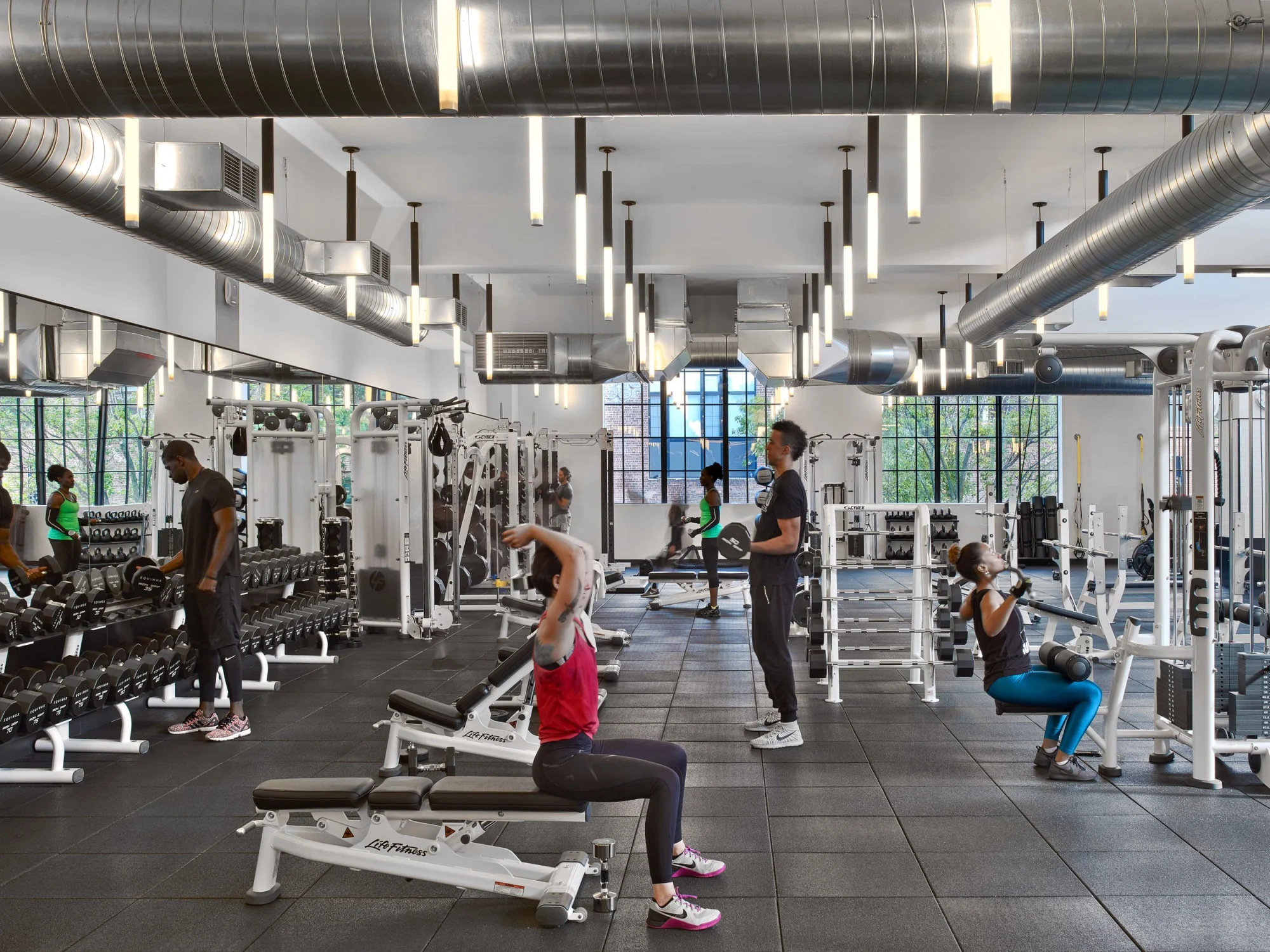 exercise equipment, weights, mirrors