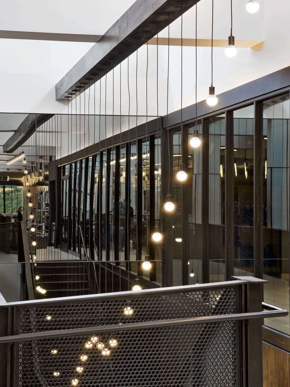 hanging lights, stairs, windows