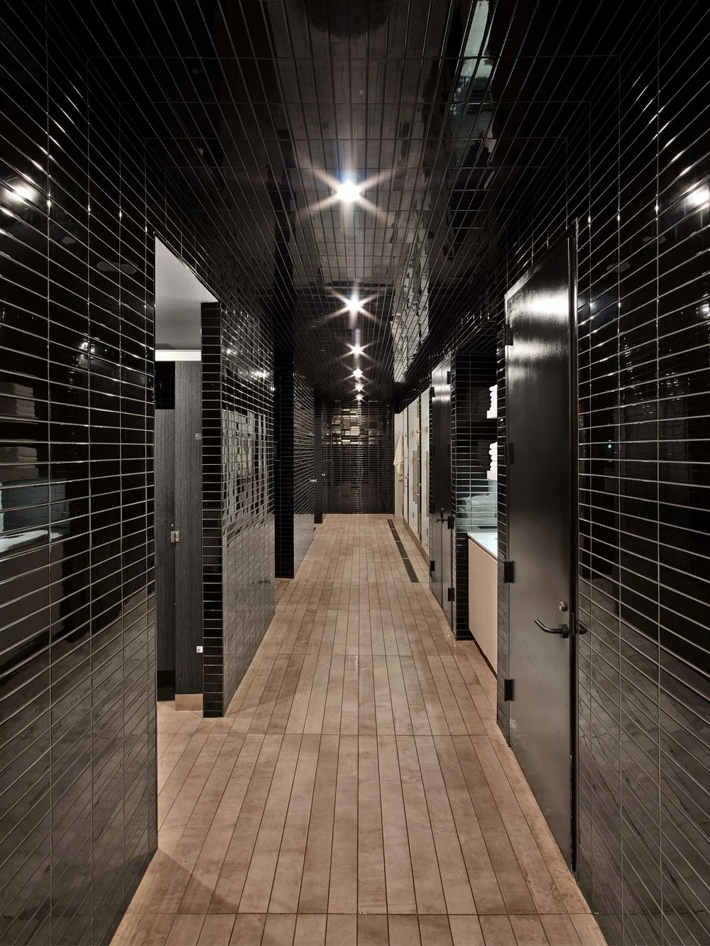 black tiles, wood, hallway, bathroom