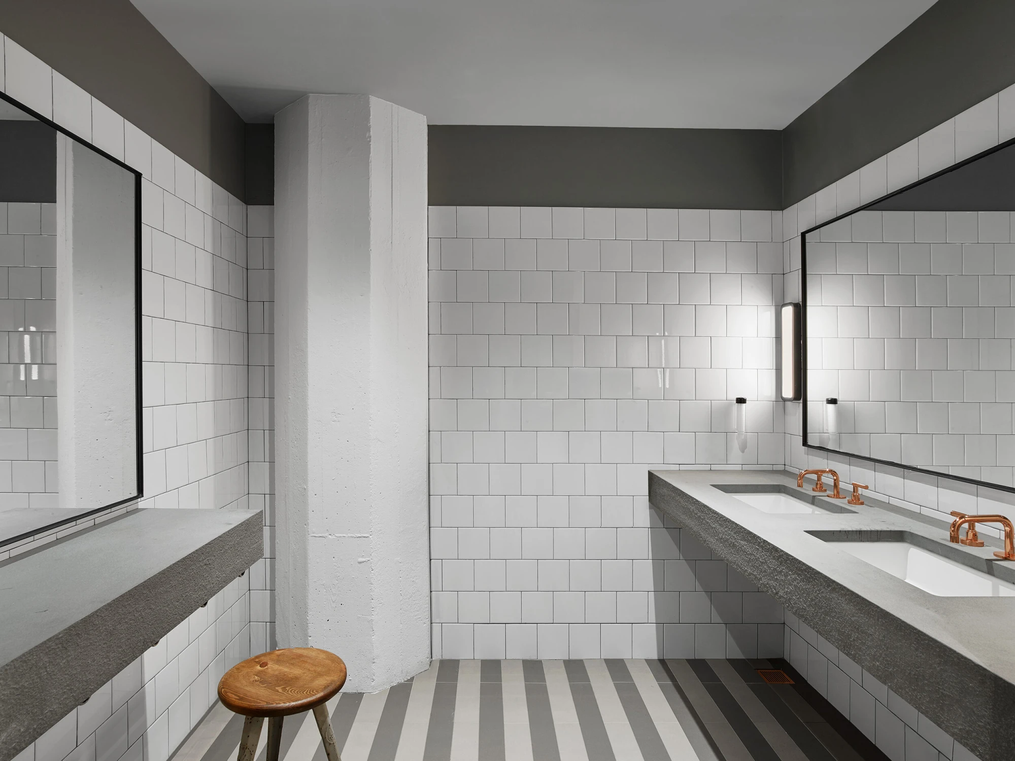 bathroom, stripes, white tile, column, sinks