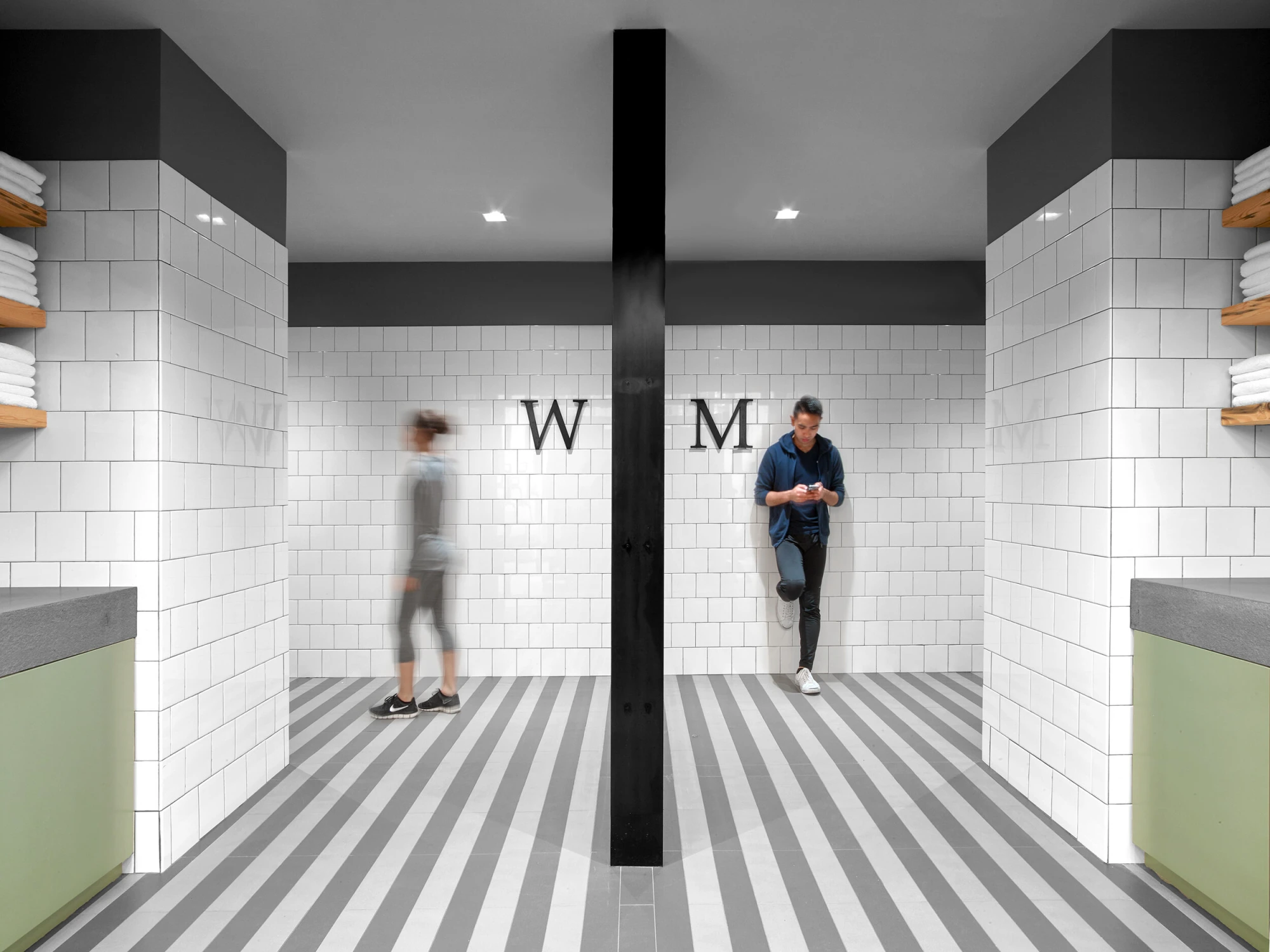 bathrooms, stripes, white tile, towels