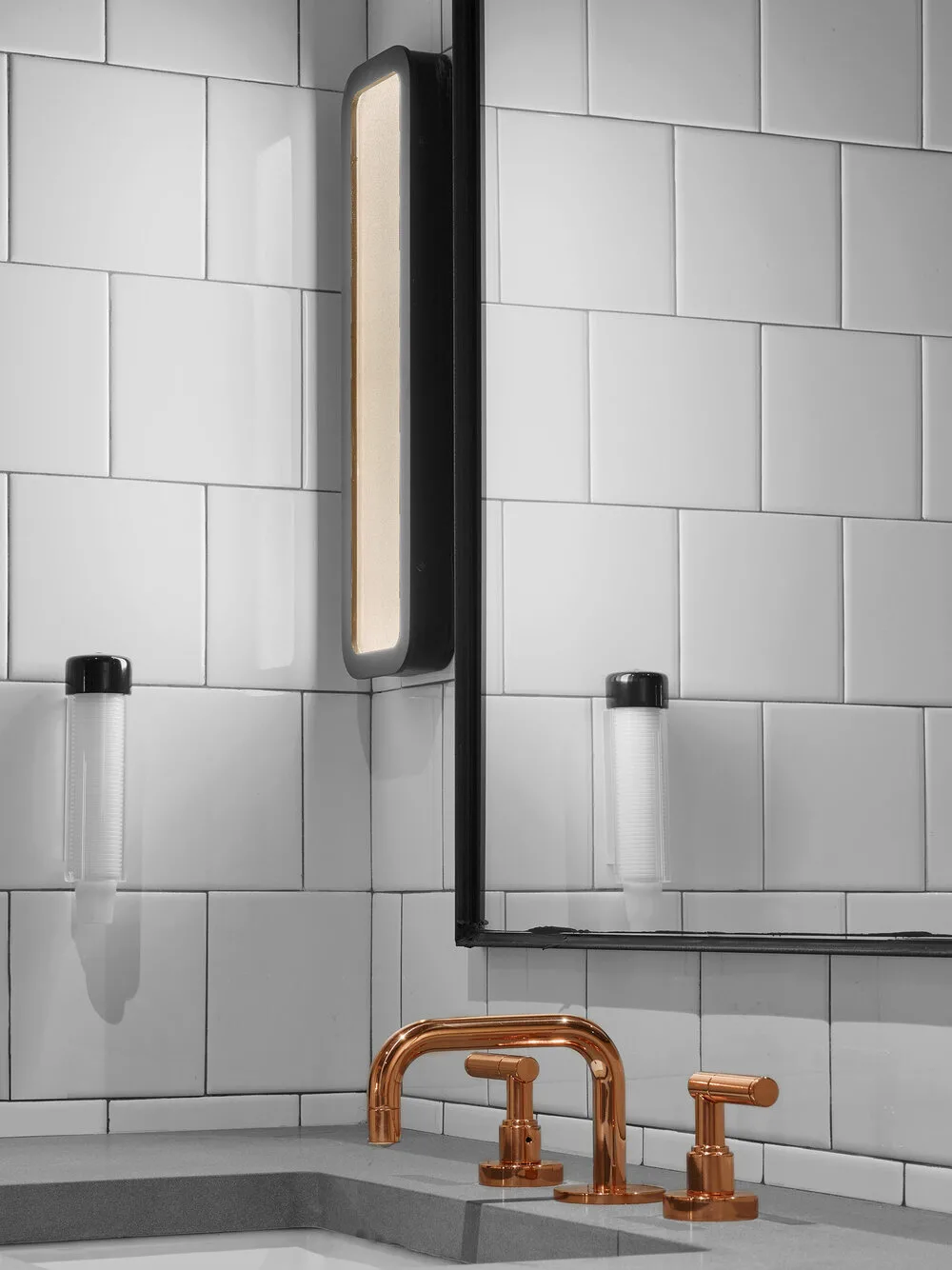 sink, brass, white tile, mirror