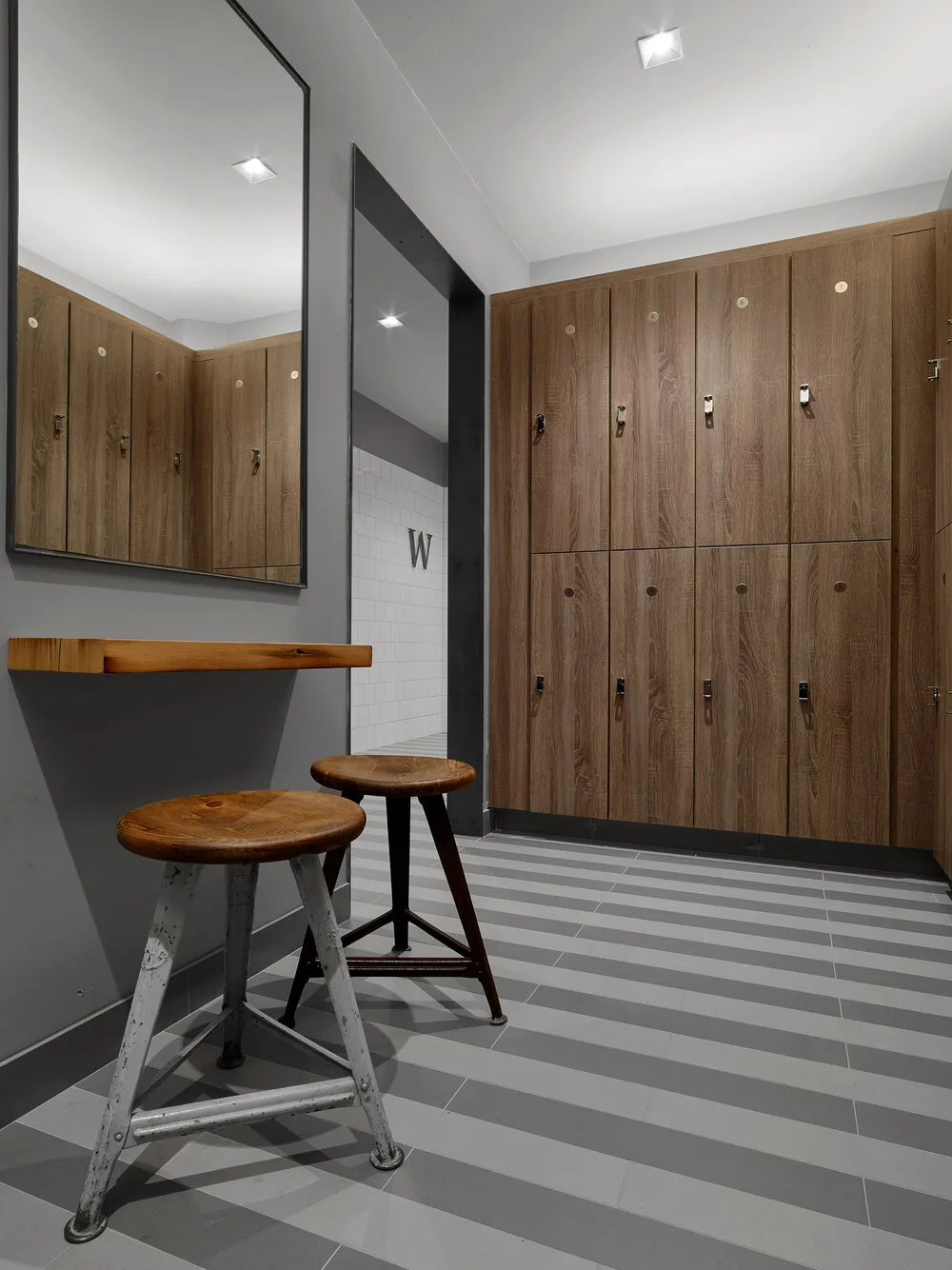 locker room, vanity, stools, stripes