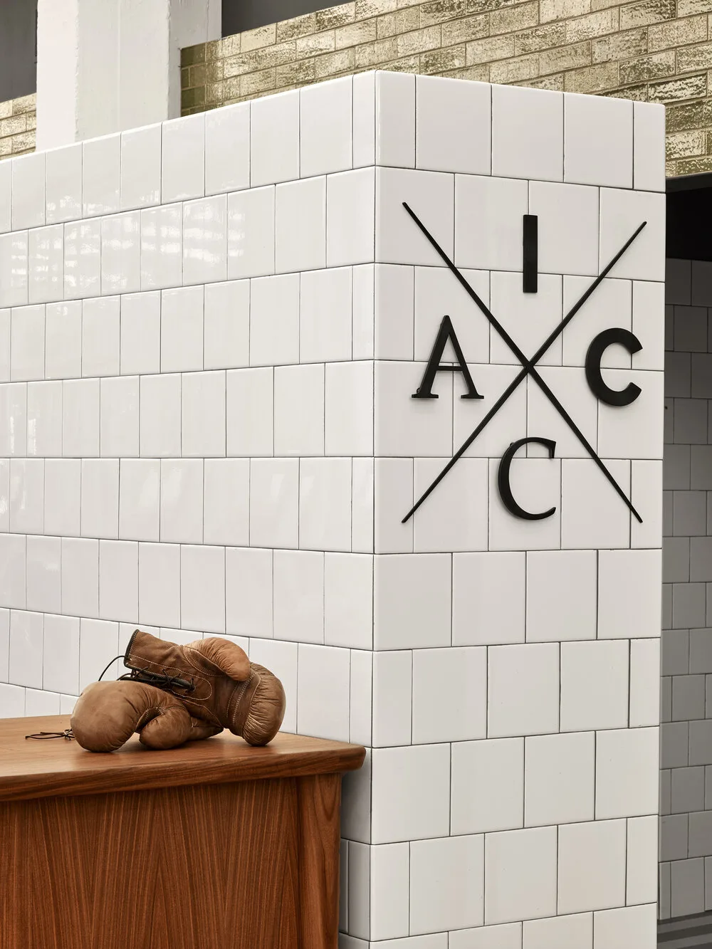 boxing gloves, wood, counter, white tiles