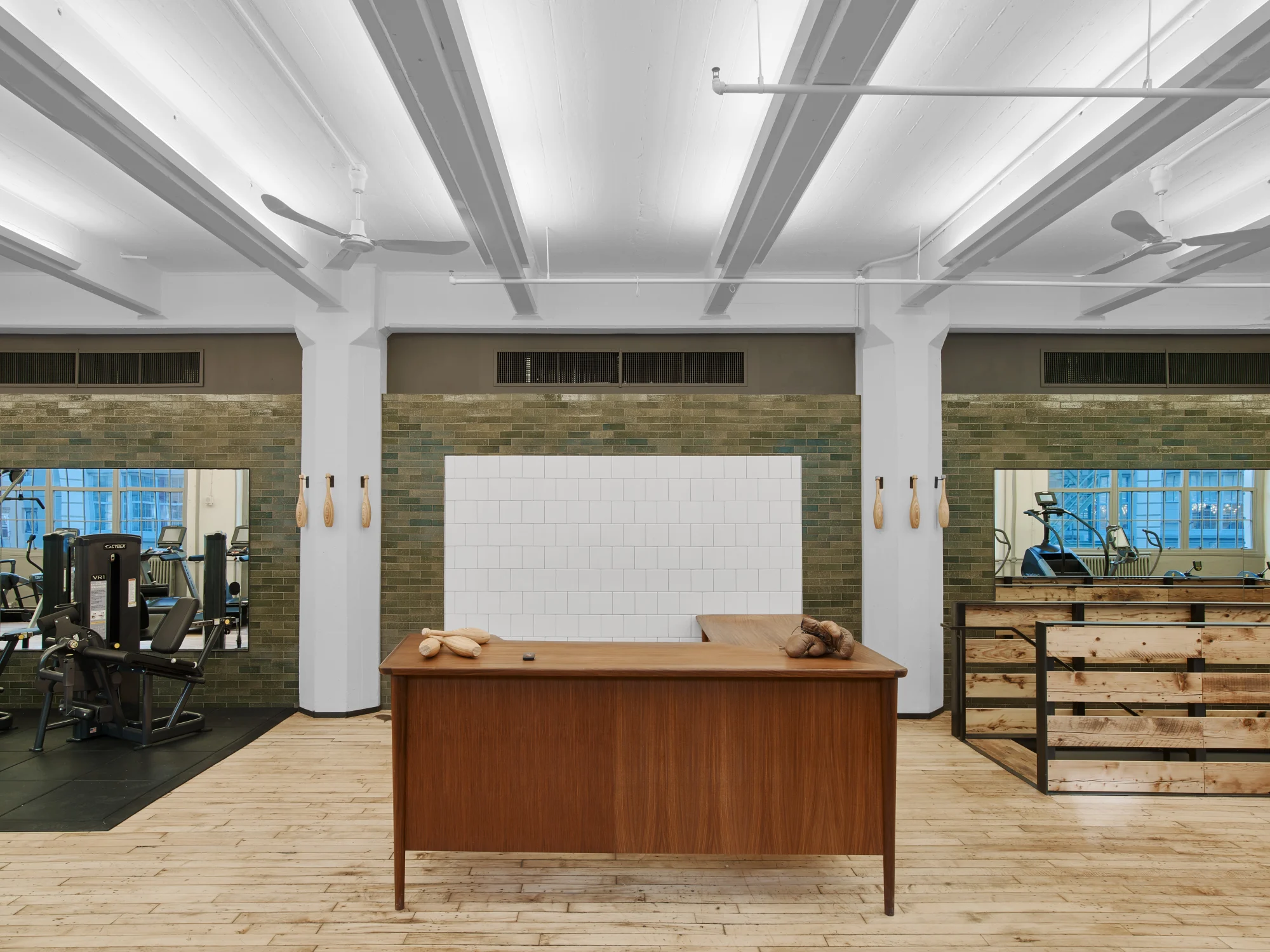 reception, desk, white tile, green tile, wood flooring
