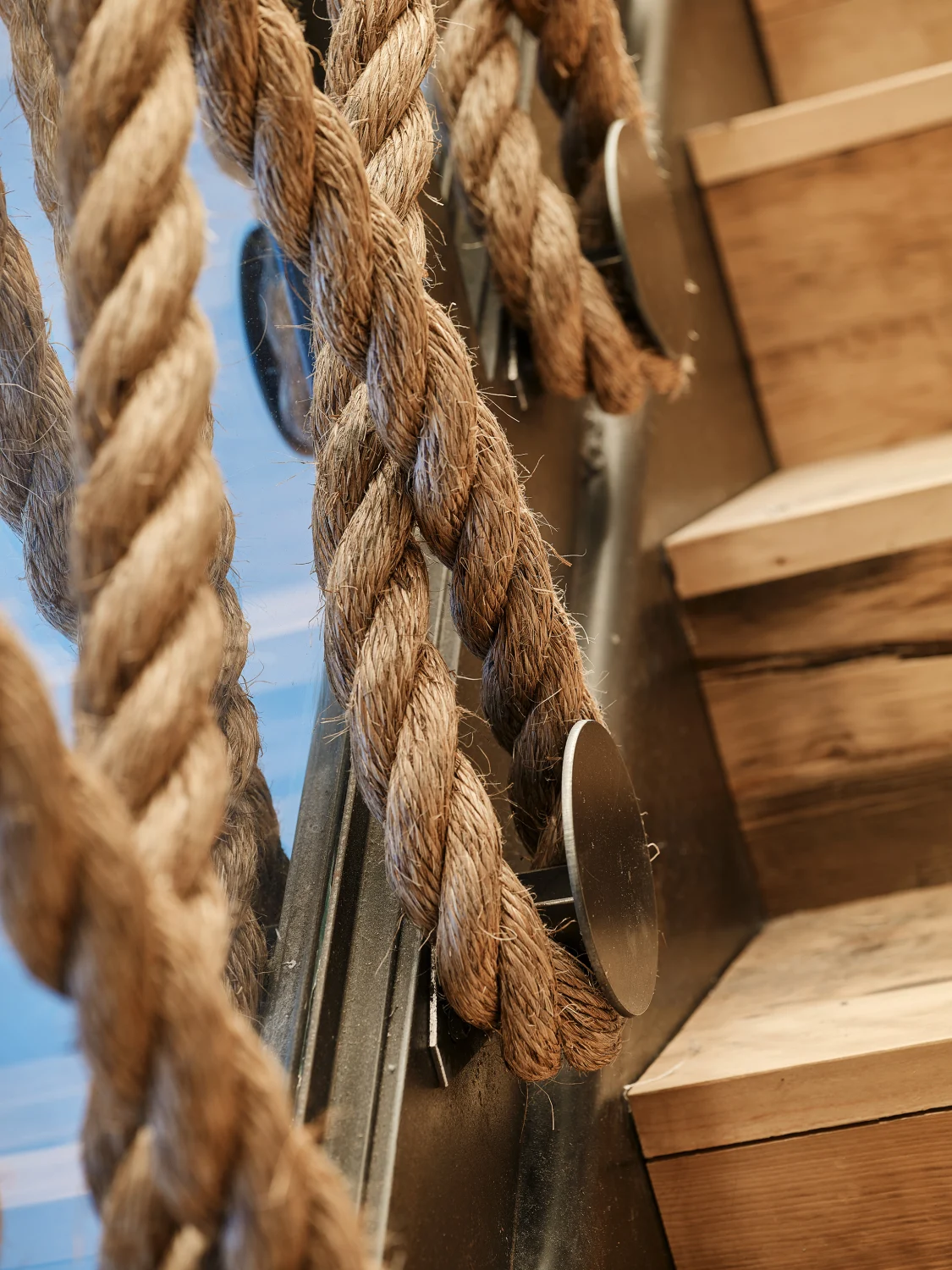 stairs, wood, metal, rope