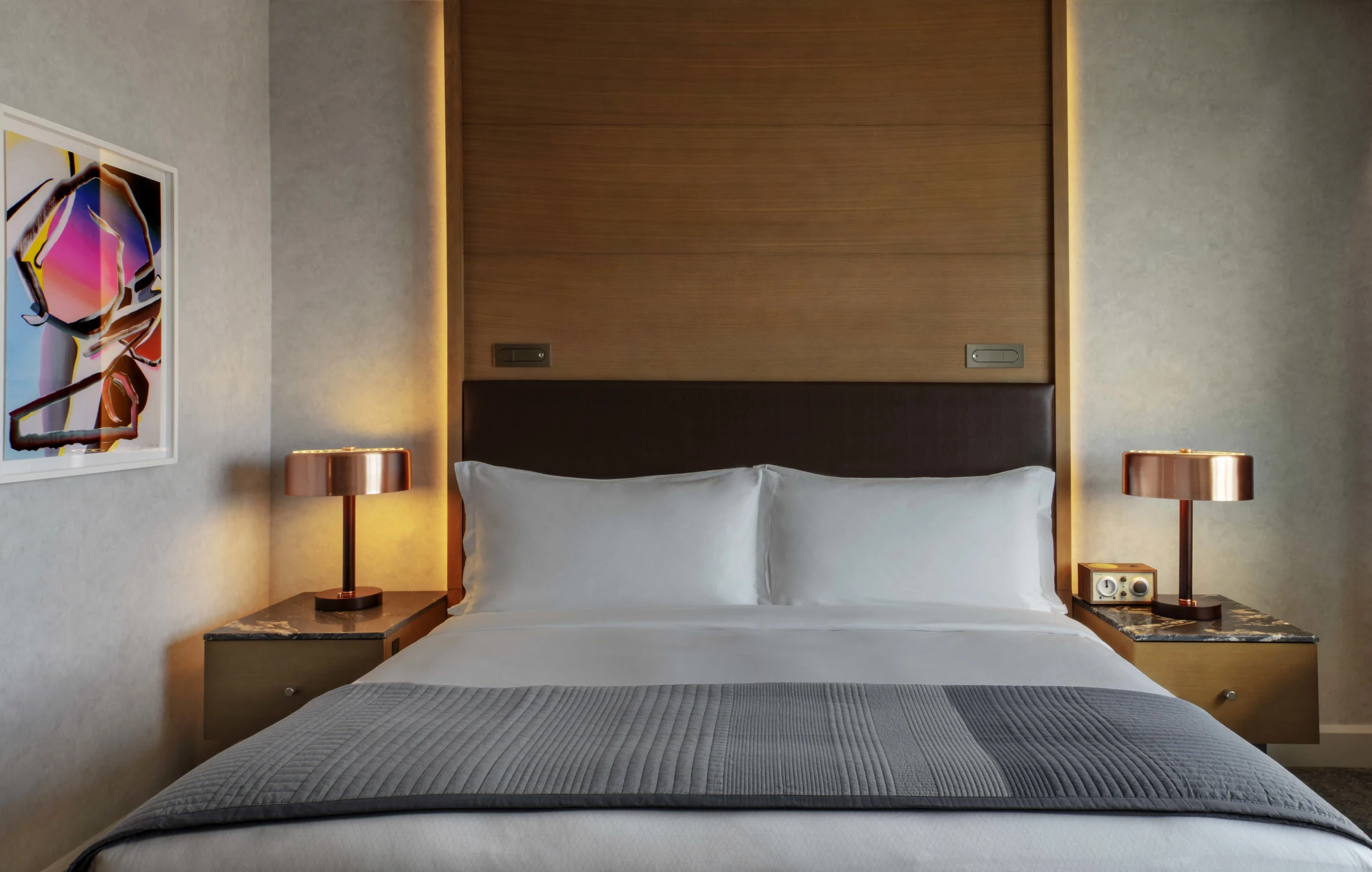 bedroom, bed, headboard, side tables, lamps