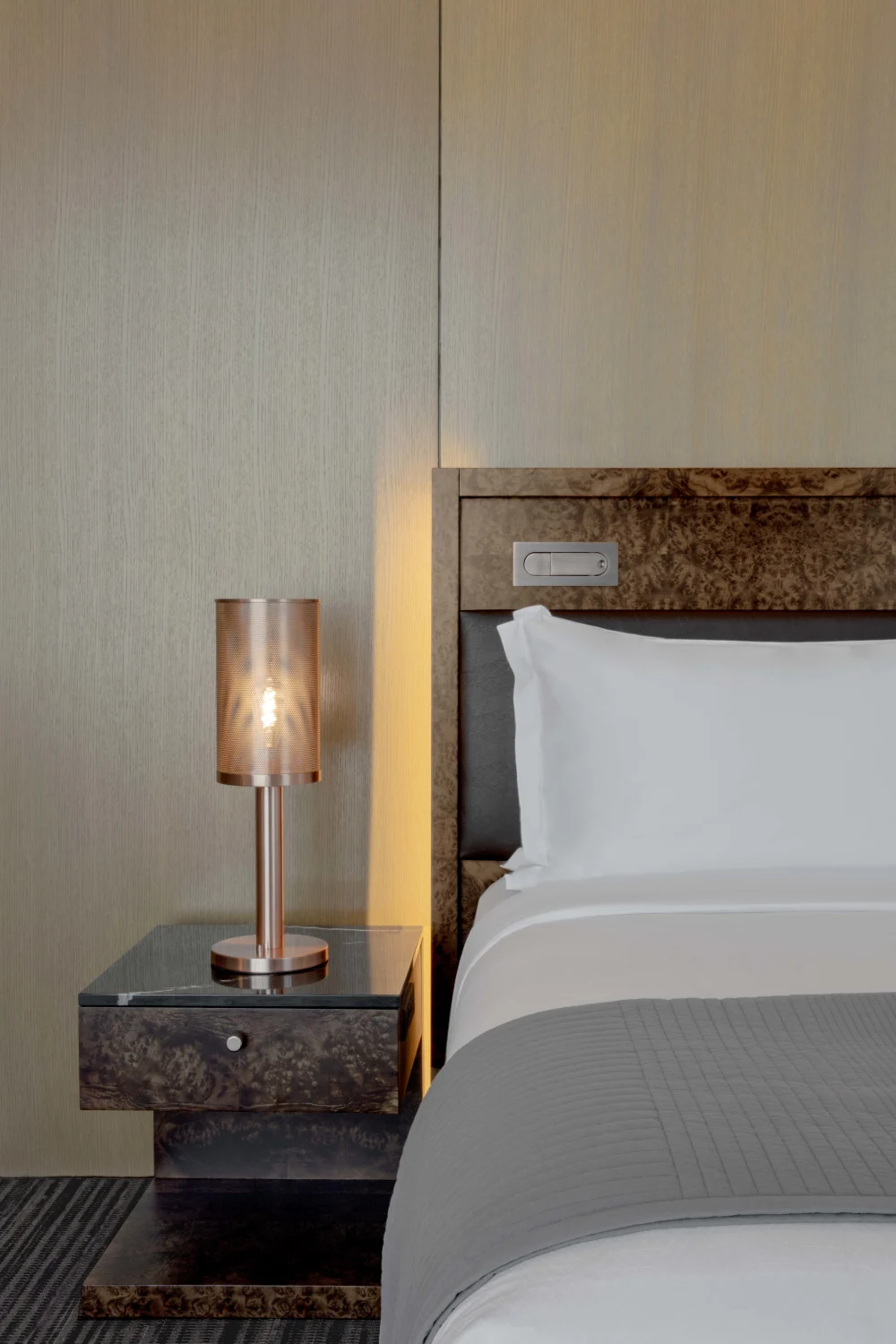 bedroom, side table, lamp, bed