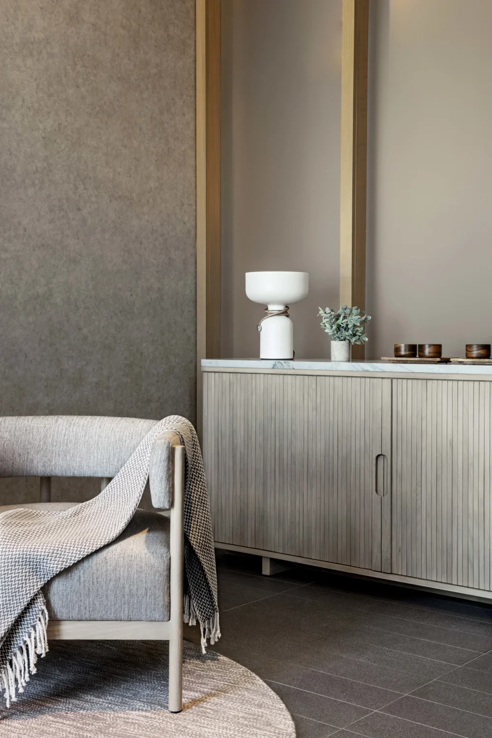 armchair, credenza, marble tile, blanket