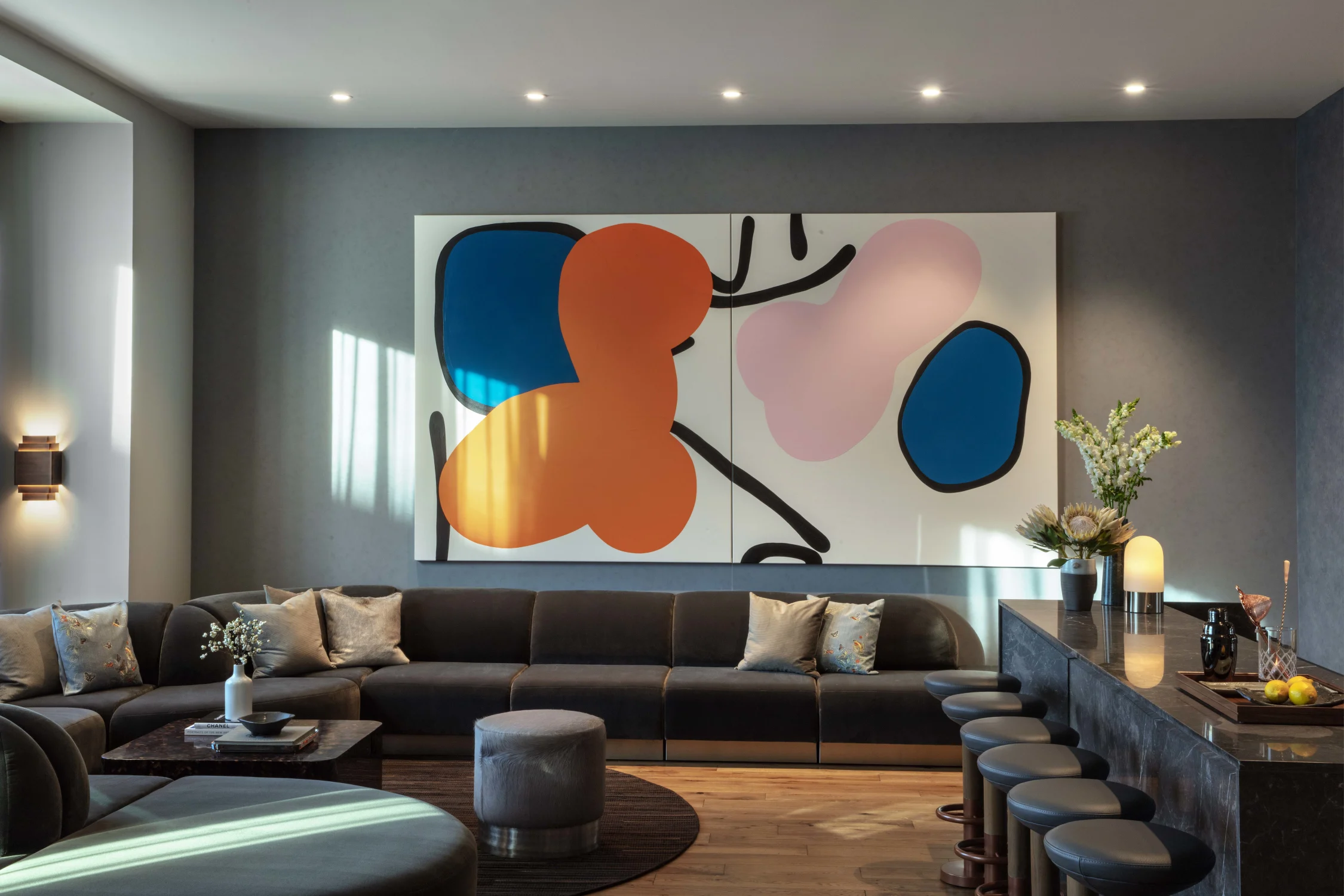 painting, colorful, sofa, bar