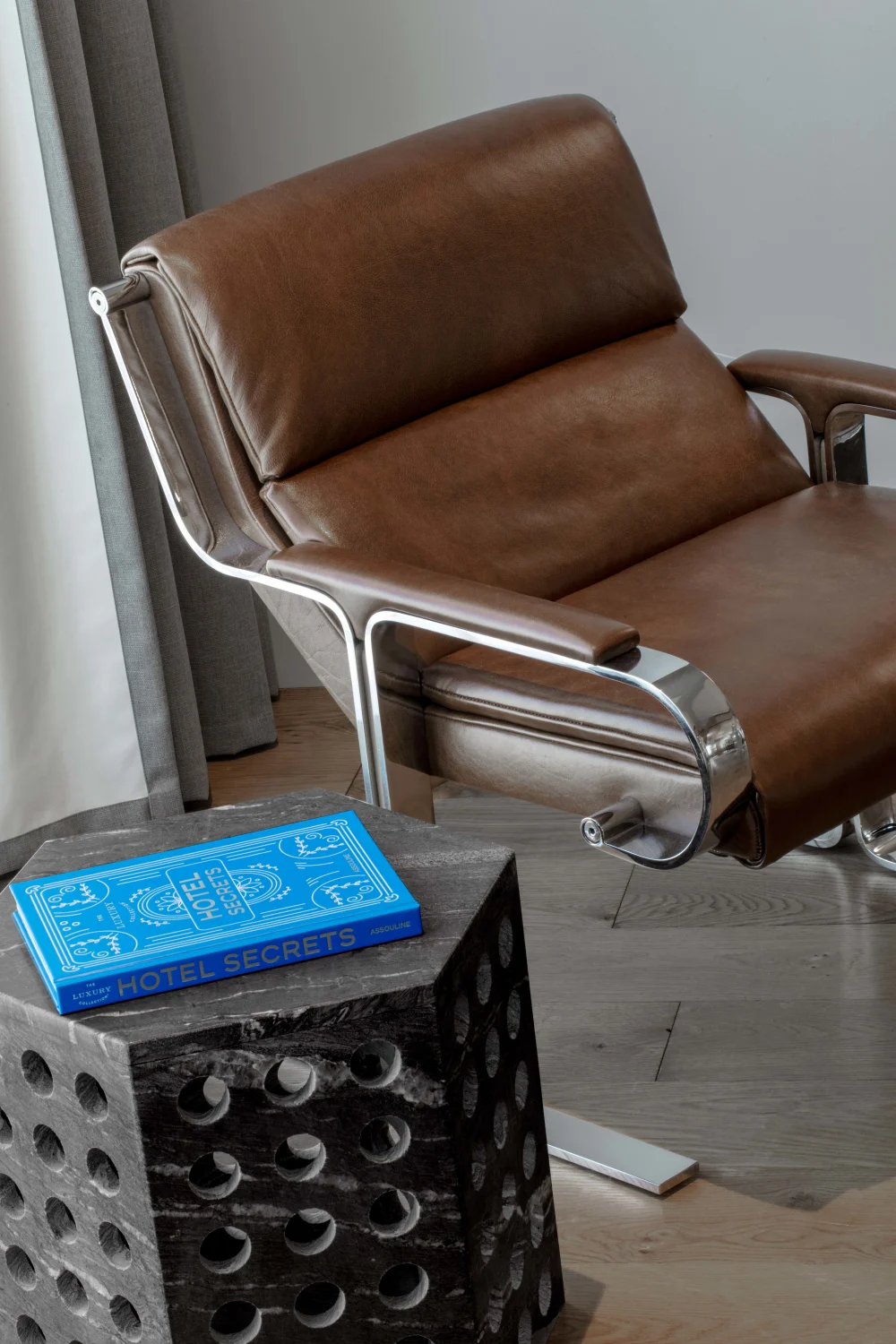 leather, chair, side table, book