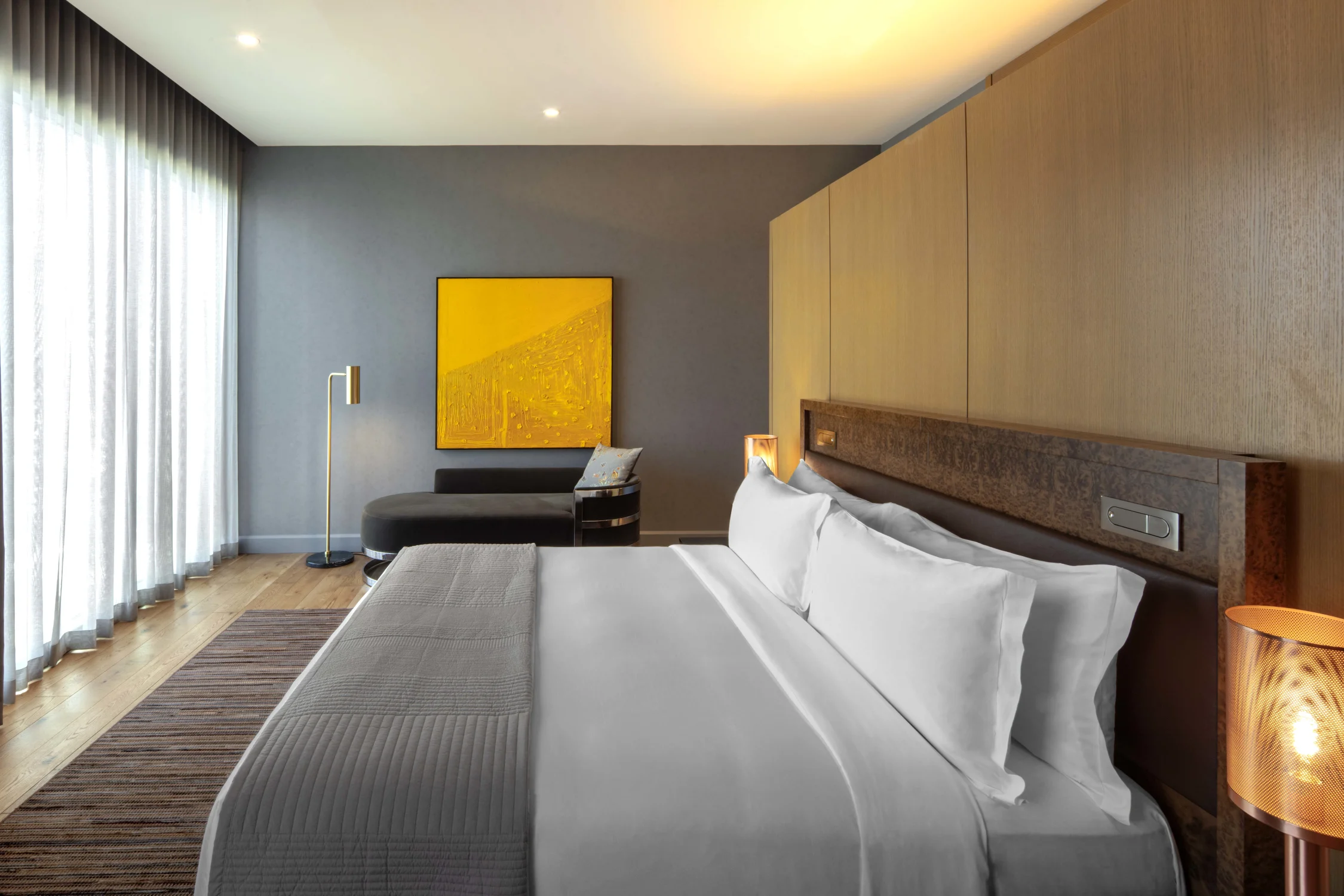bedroom, wood headboard, curtains, lamo