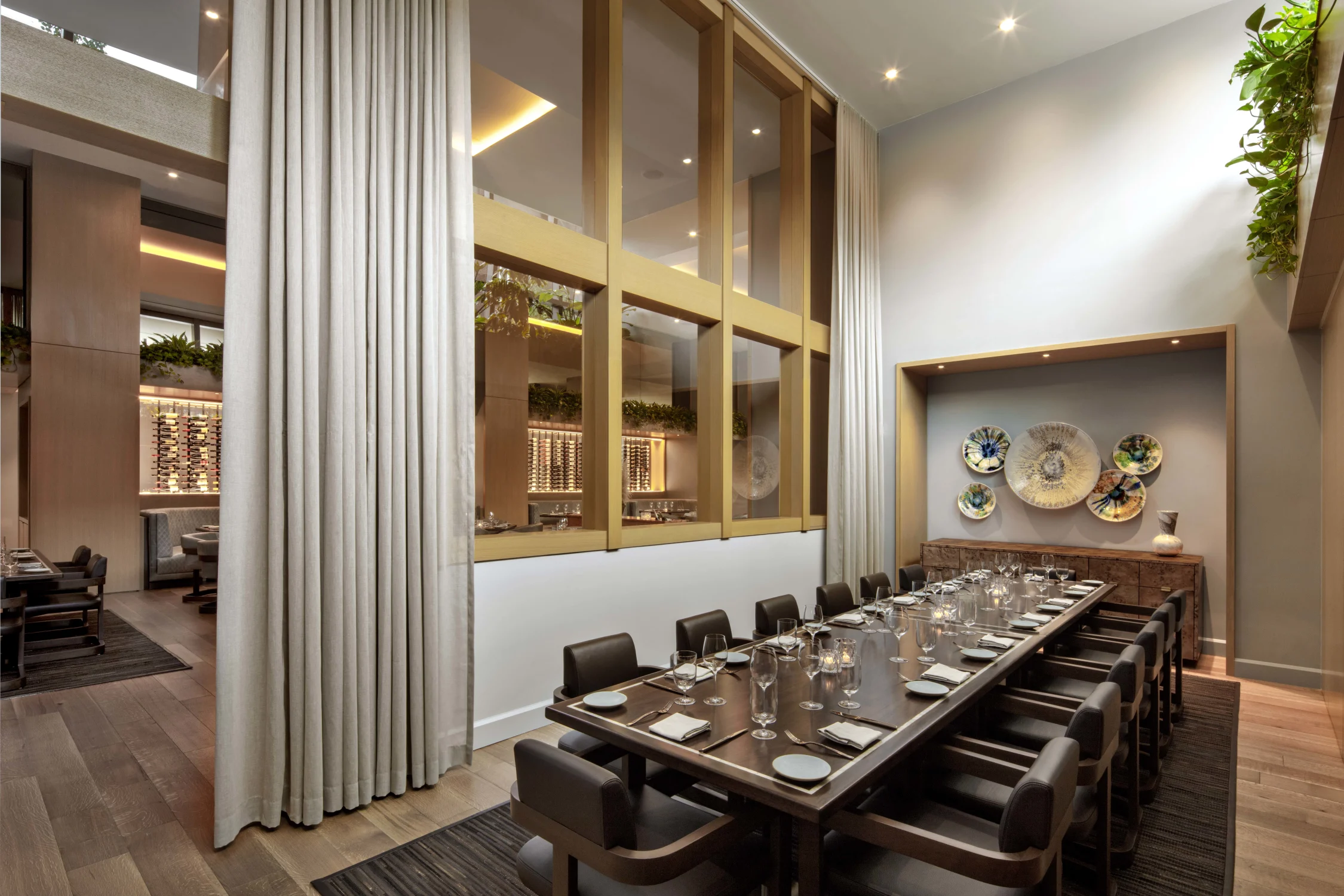 private dining, art, gold, windows, curtains