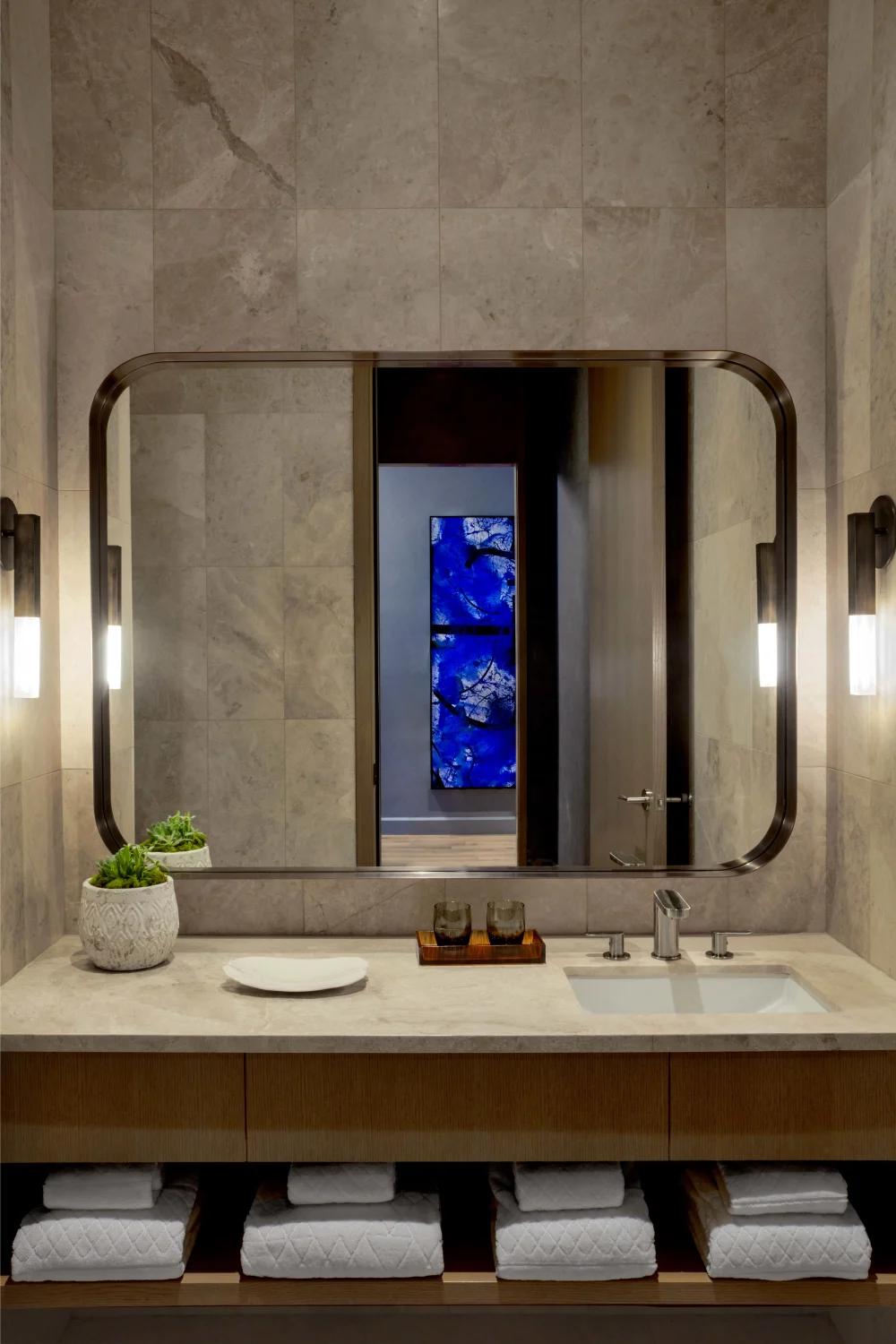 bathroom, mirror, sink, sconces, towels