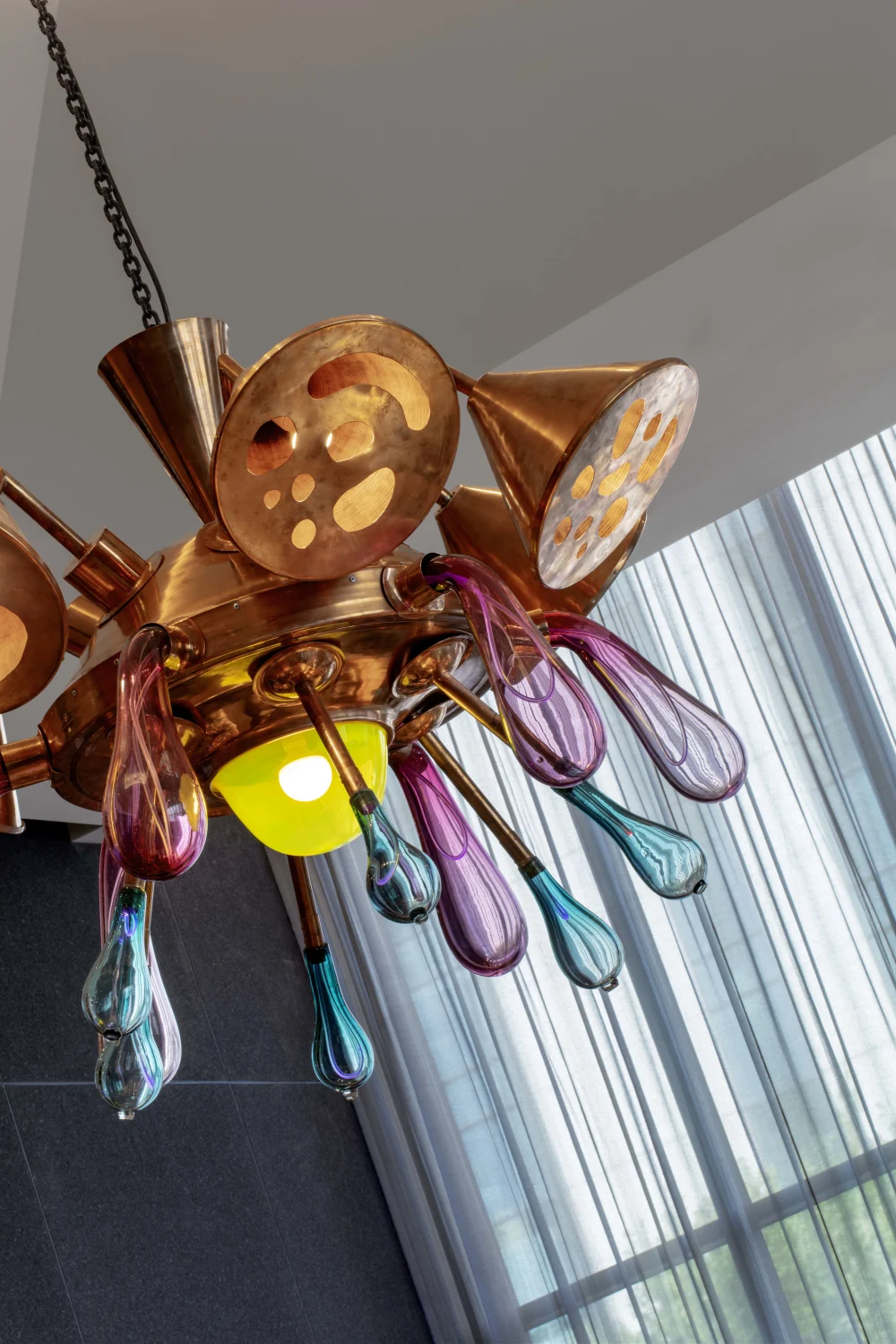 chandelier, colored glass, brass