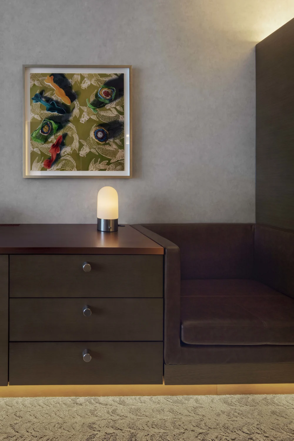 bench, drawers, art