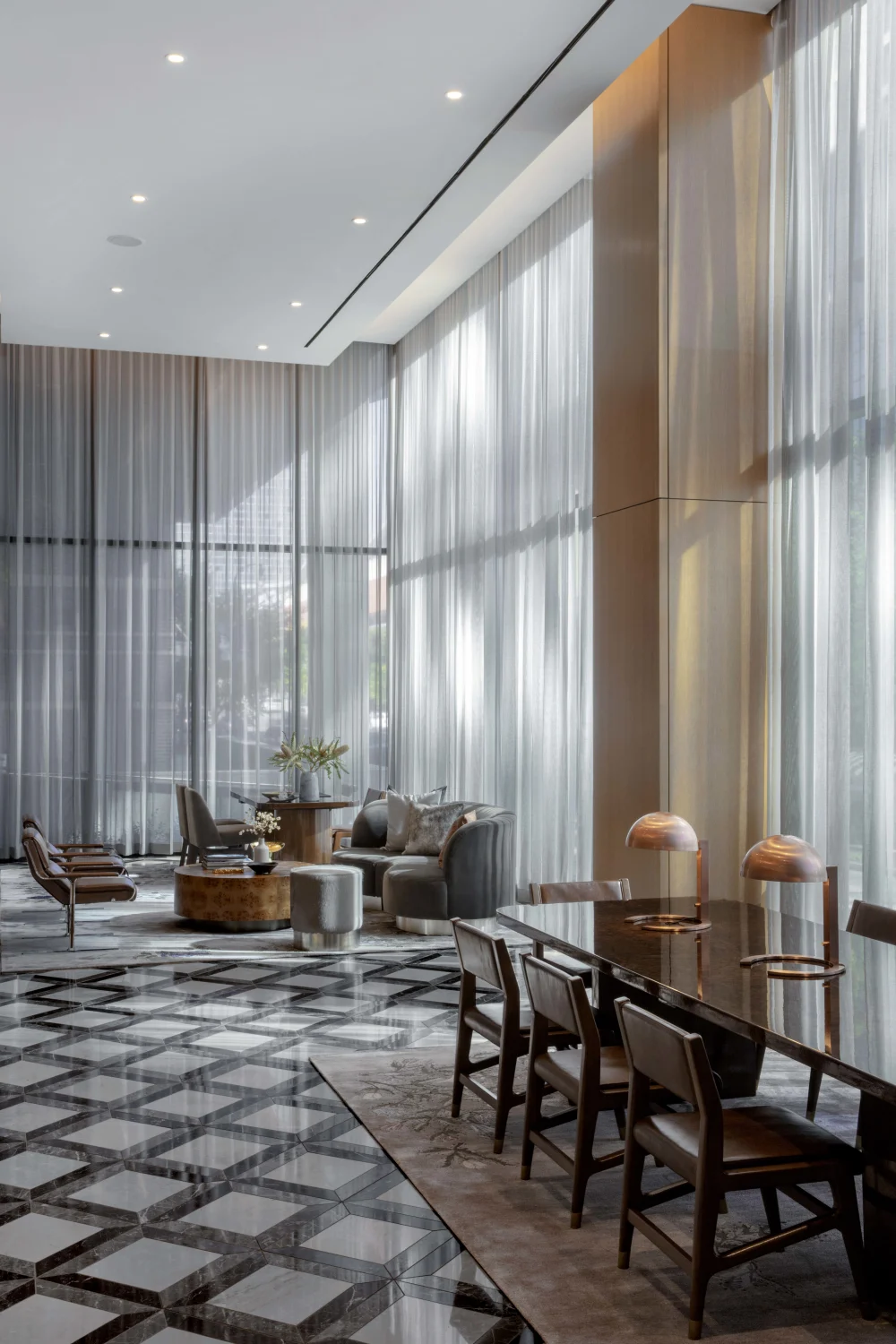 lobby, tiles, column, seating areas