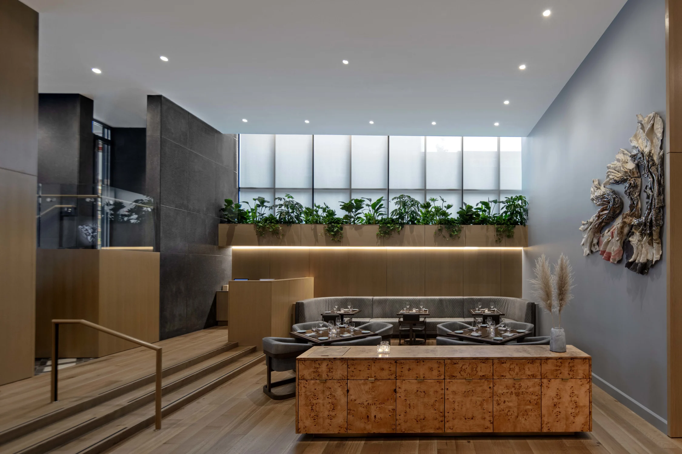 restaurant, art, plants, credenza