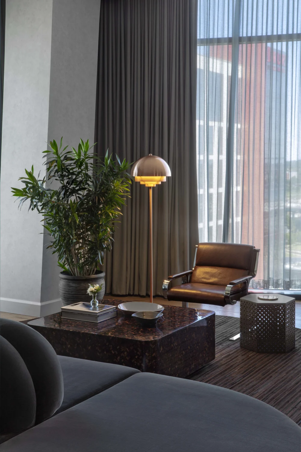 seating area, coffee table, lamp, plants