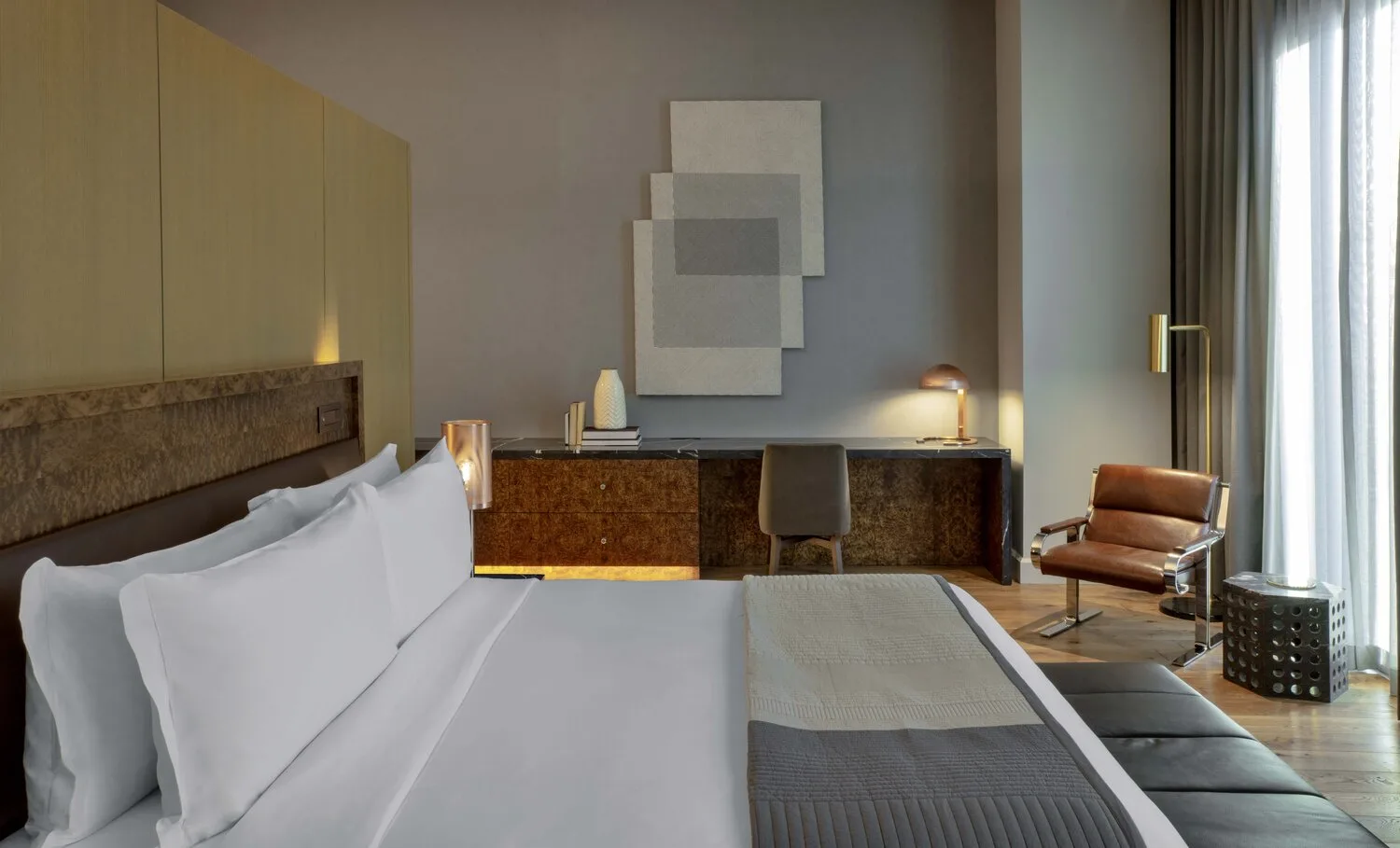 bedroom, wood headboard, credenza, art, chair