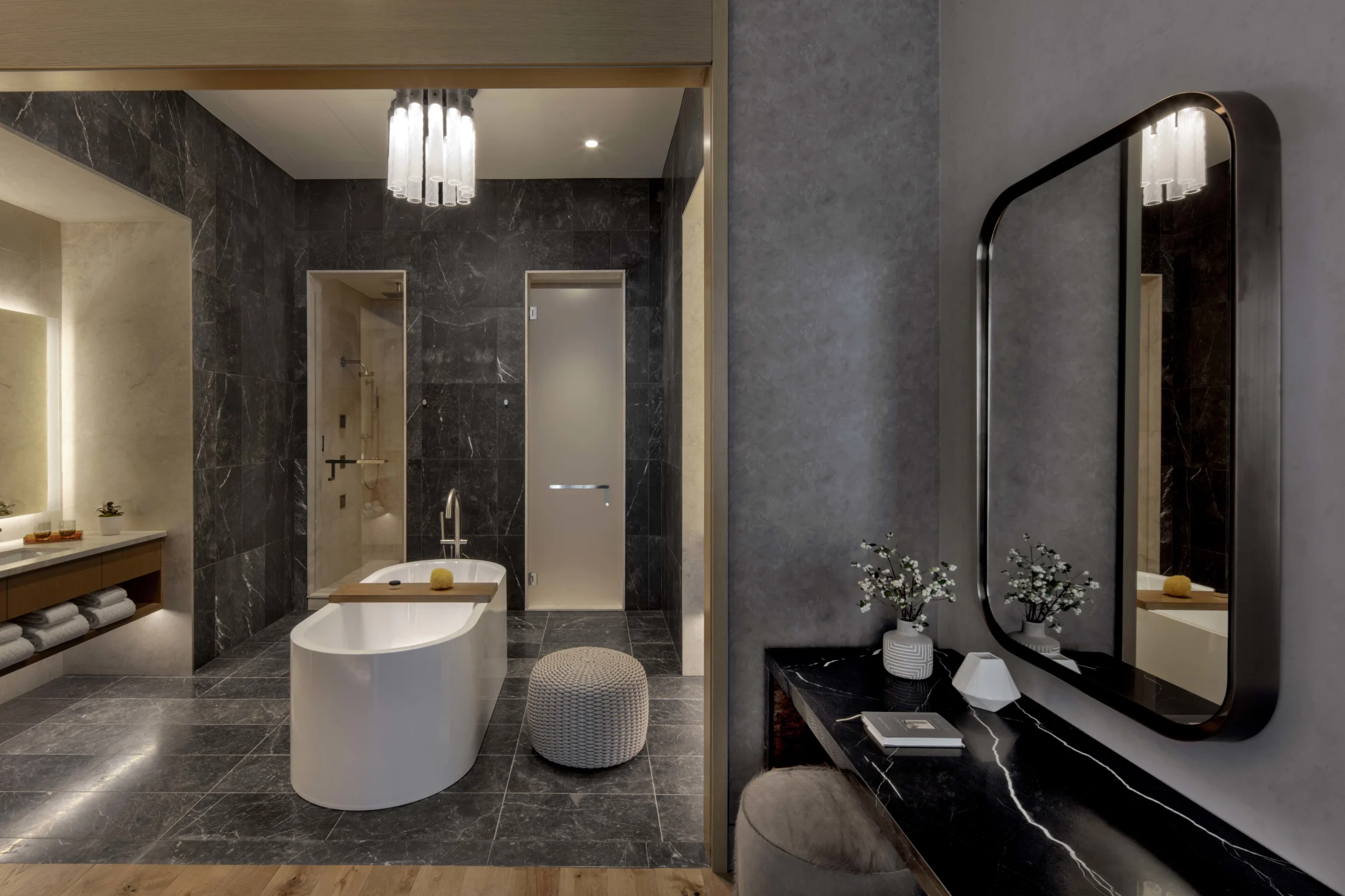 bathroom, bathtub, vanity, marble tiles