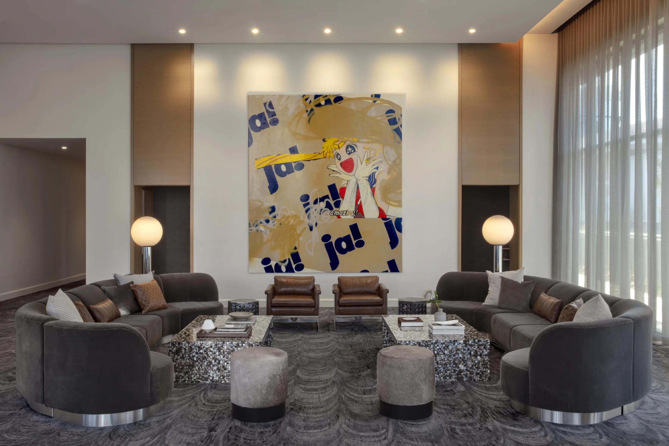 seating area, art, sofas, coffee tables