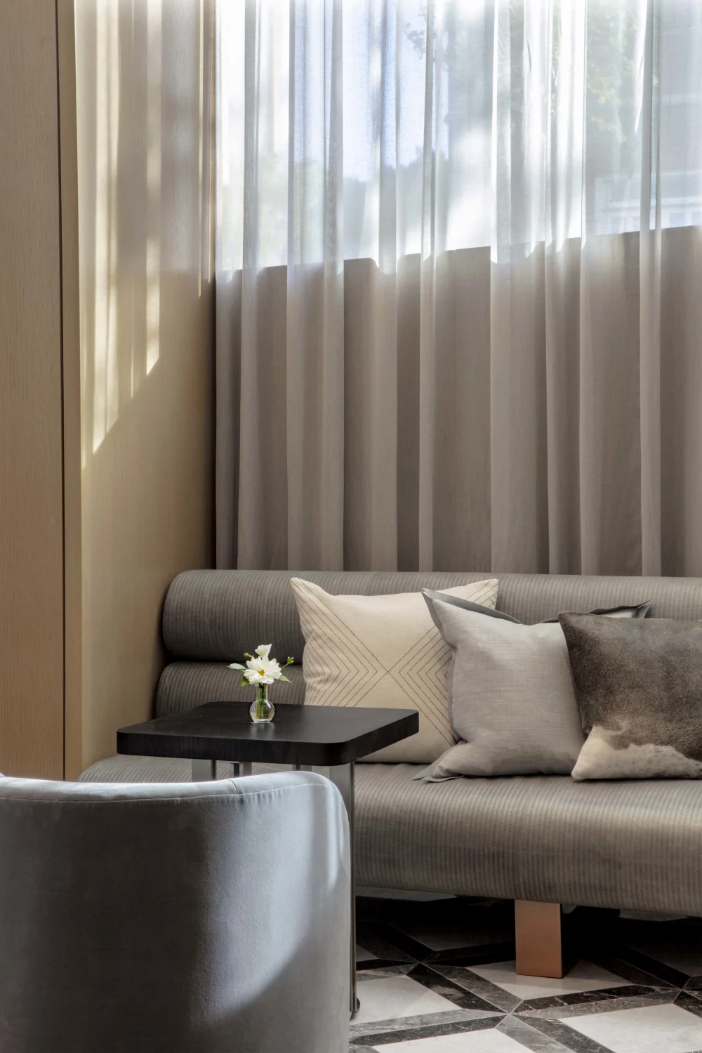 bench, sofa, table, sheer curtains