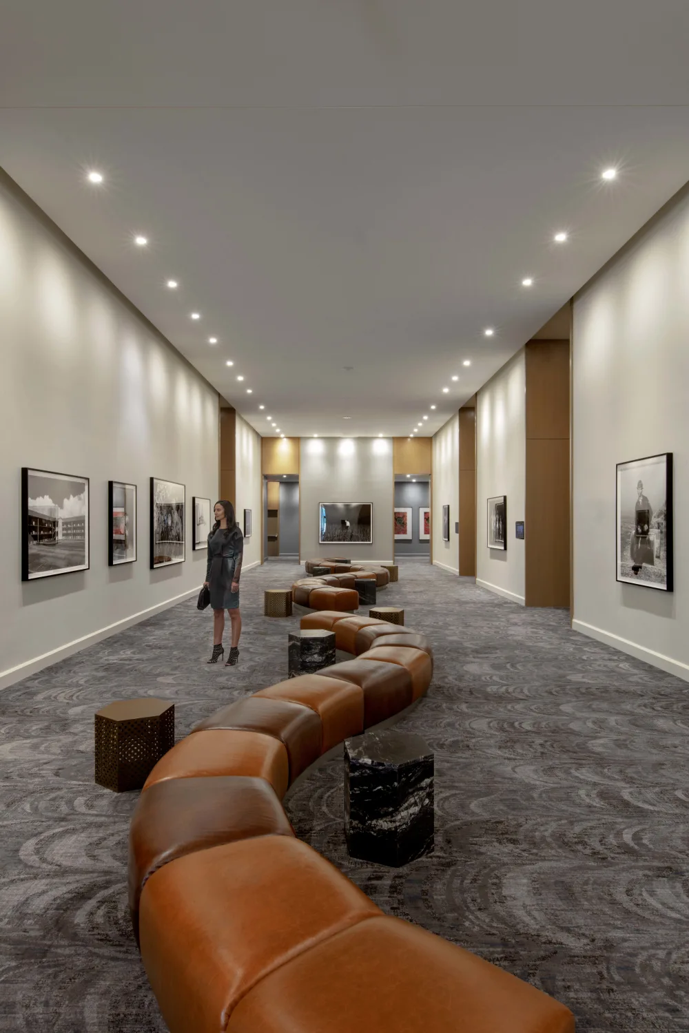 corridor, hallway, photographs, leather, bench