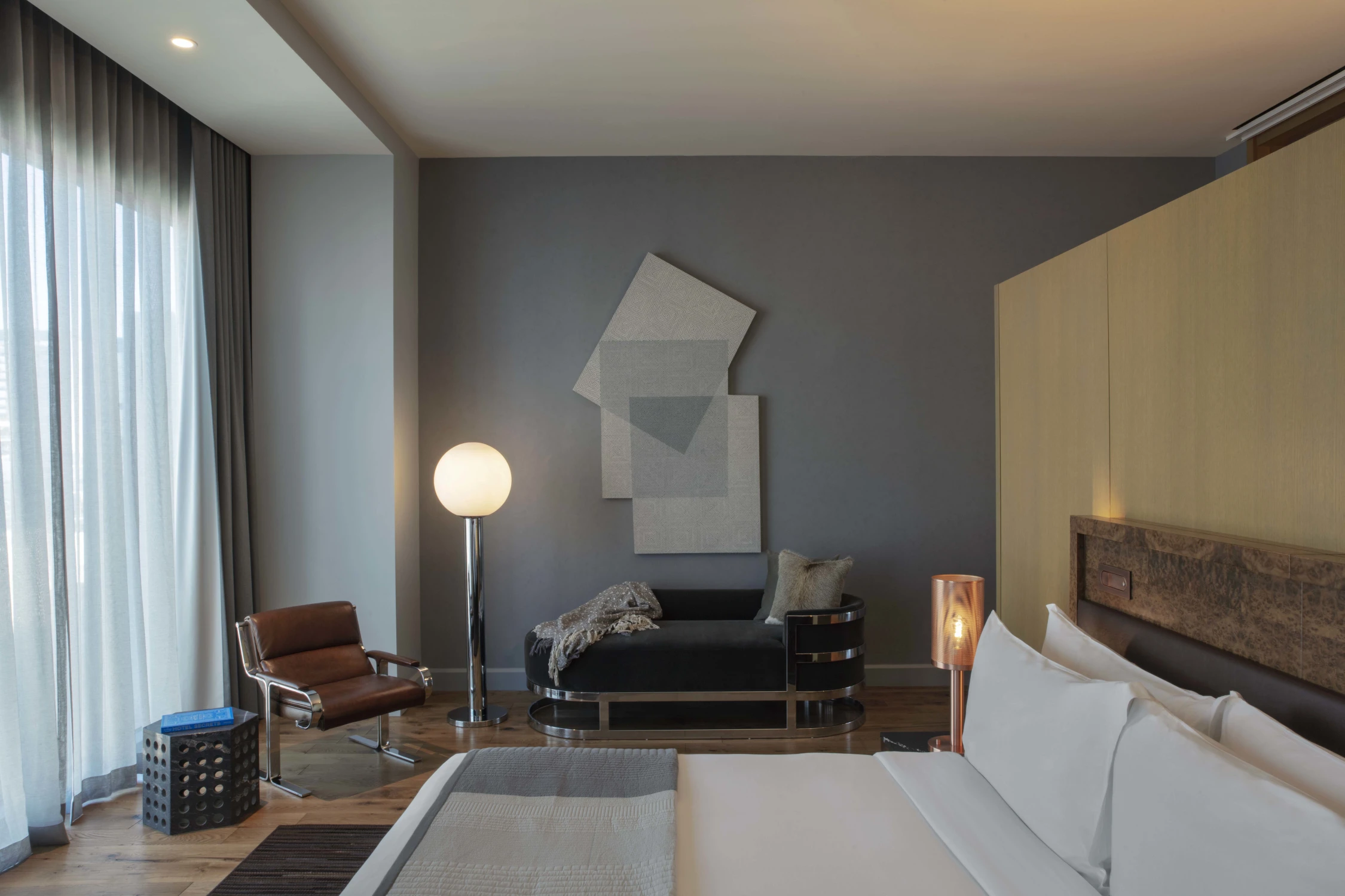 bedroom, headboard, art, sofa, window