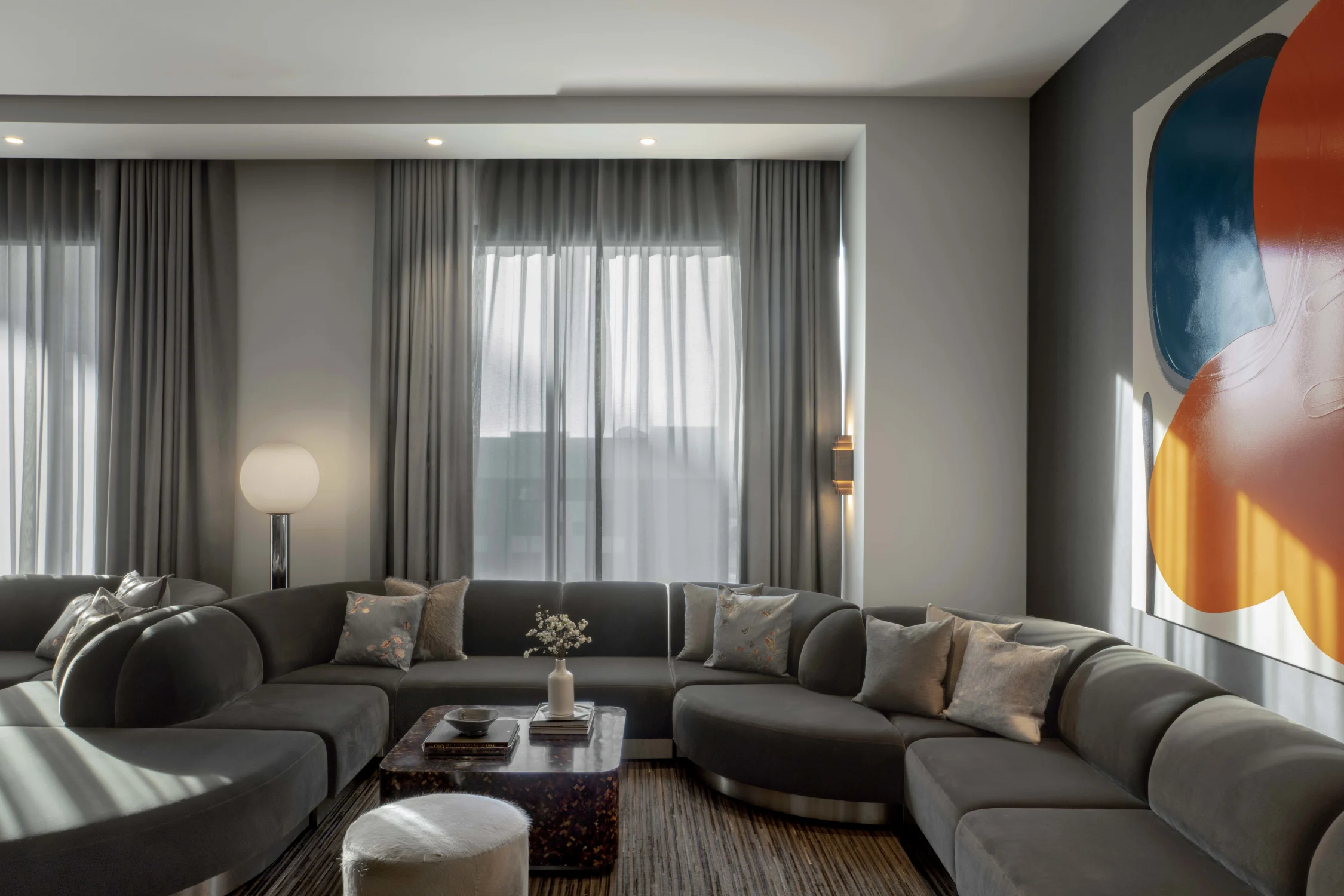 windows, curtains, sectional, coffee table