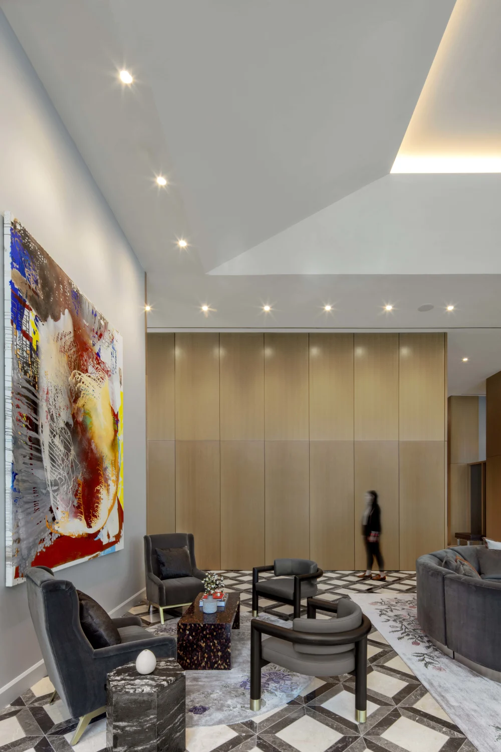 seating area, chairs, art, tiles