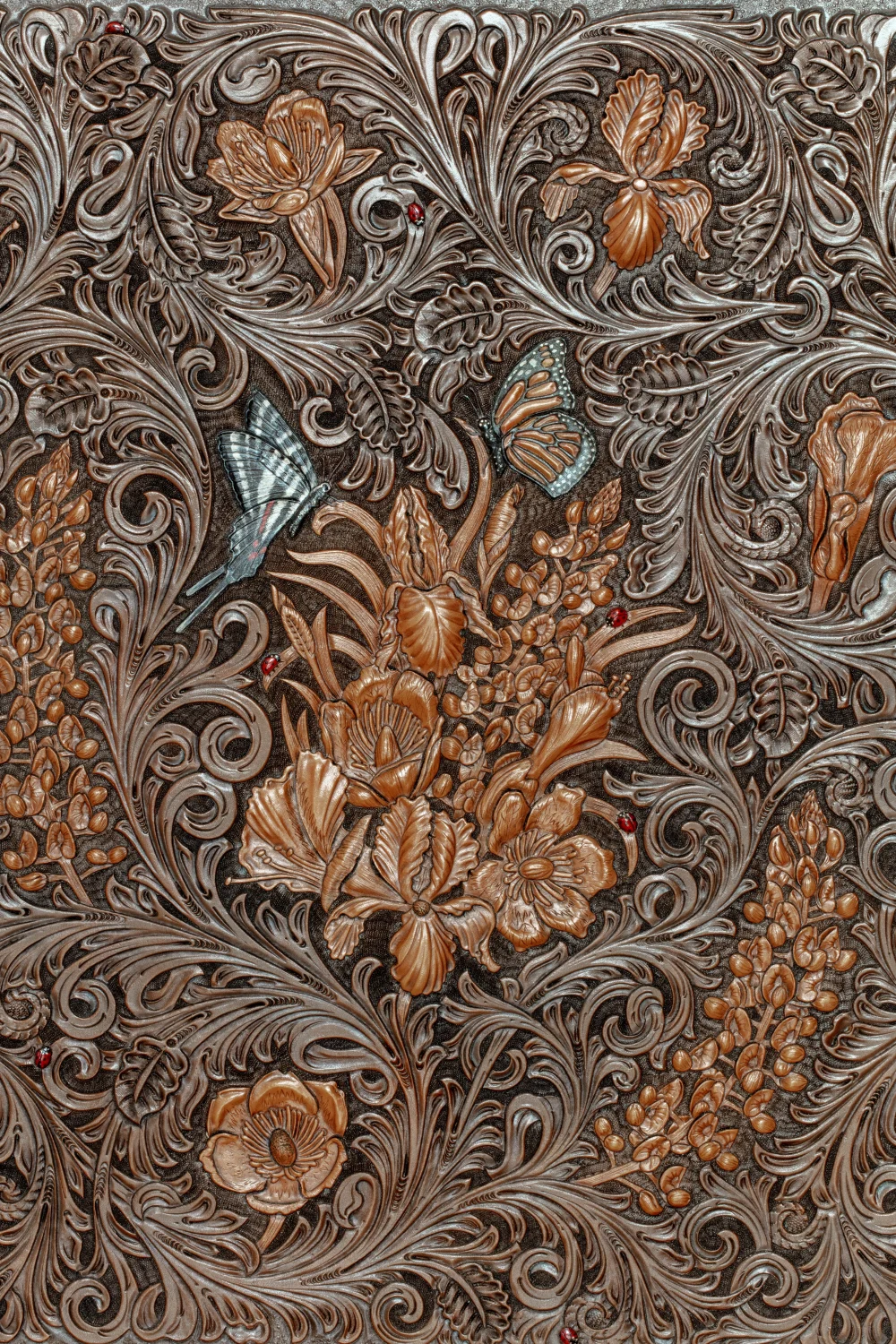 wood carving, butterflies, flowers