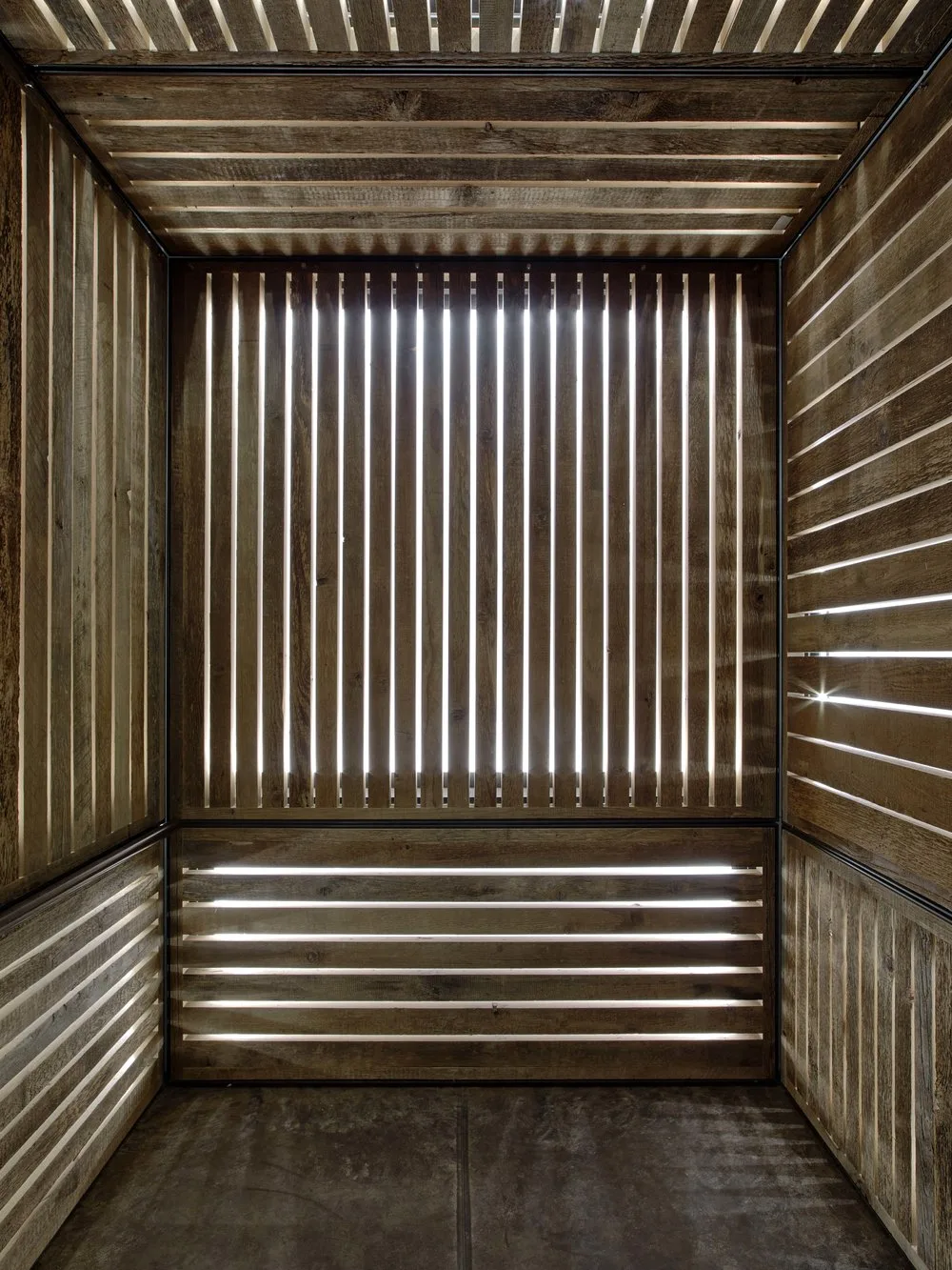 elevator, lighting, wood panels, shadows, Verticality, Light, Privacy, Contrast, Linear, Minimalist, Symmetry