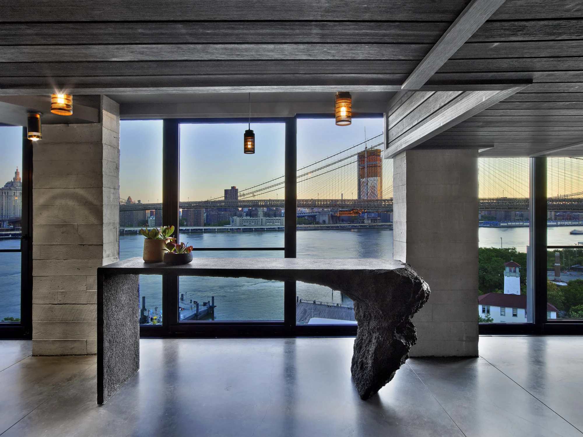 sunset, brooklyn bridge, counter, stone,concrete,wood,indoor plant, Hudson river, windows, lights