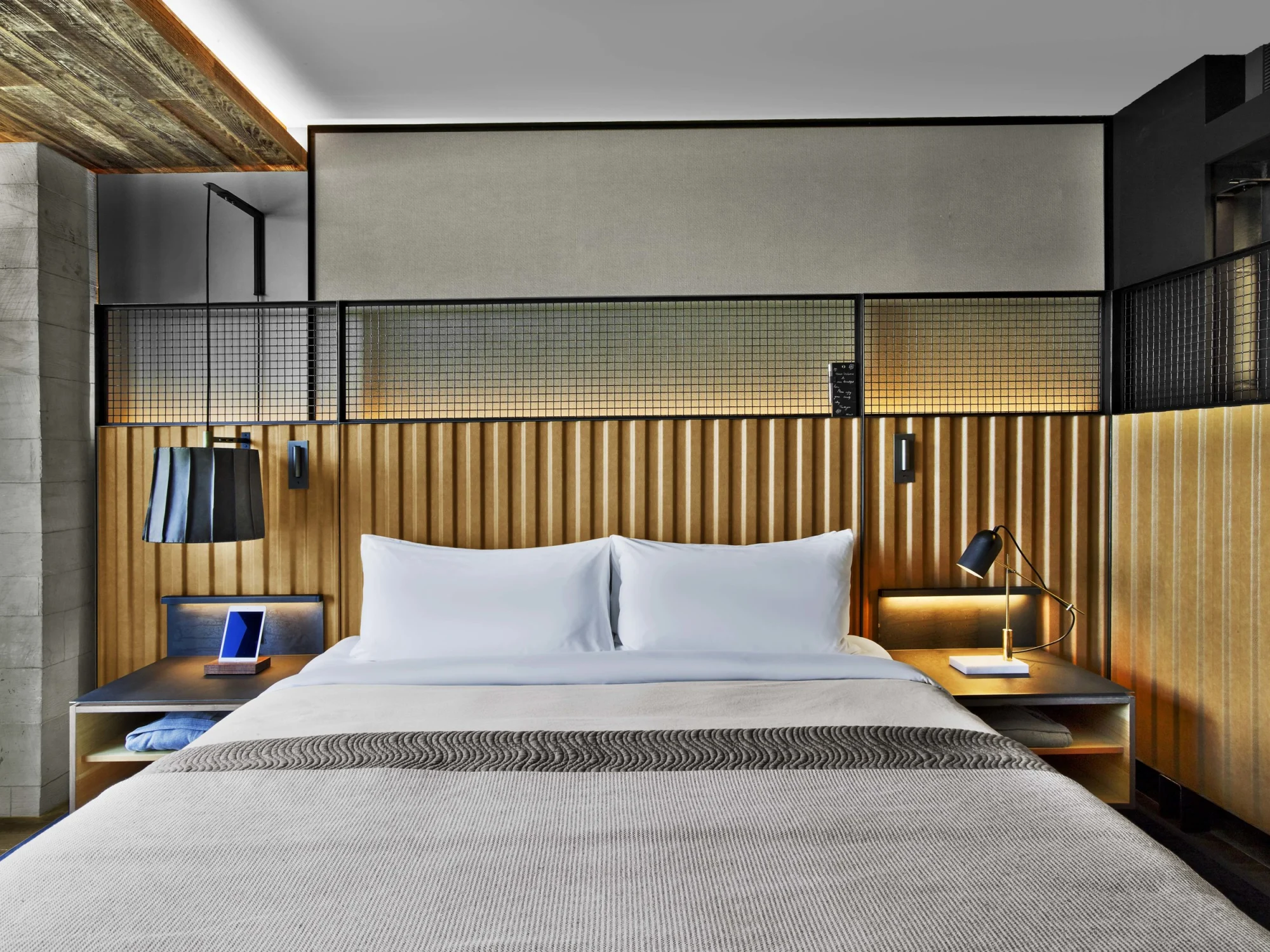 king bed, side tables, wood, concrete,Pillows,Mesh,light, Nightstand,ligh, cover