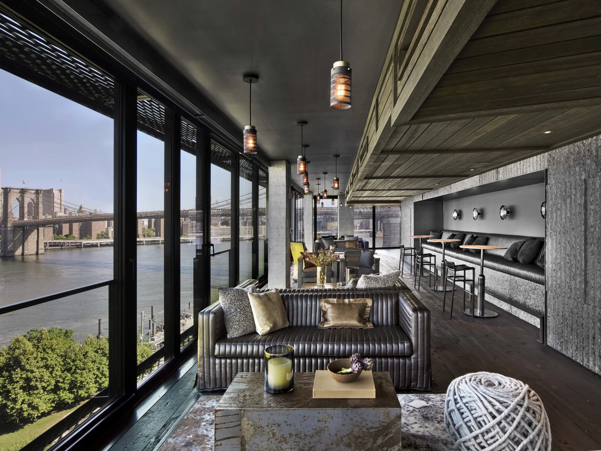 bar, brooklyn bridge, seating, wood, view, window system, coffee table, sofa, pillow, wood,leather