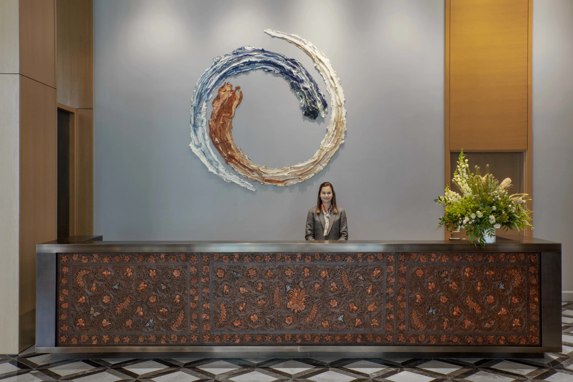 reception desk, art, tiles, hotel