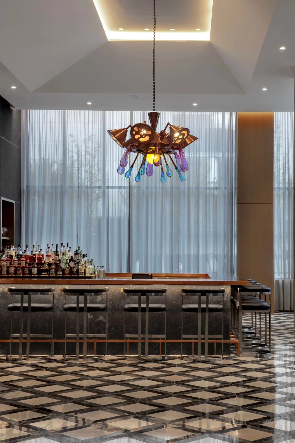chandelier, tile, bar, stools