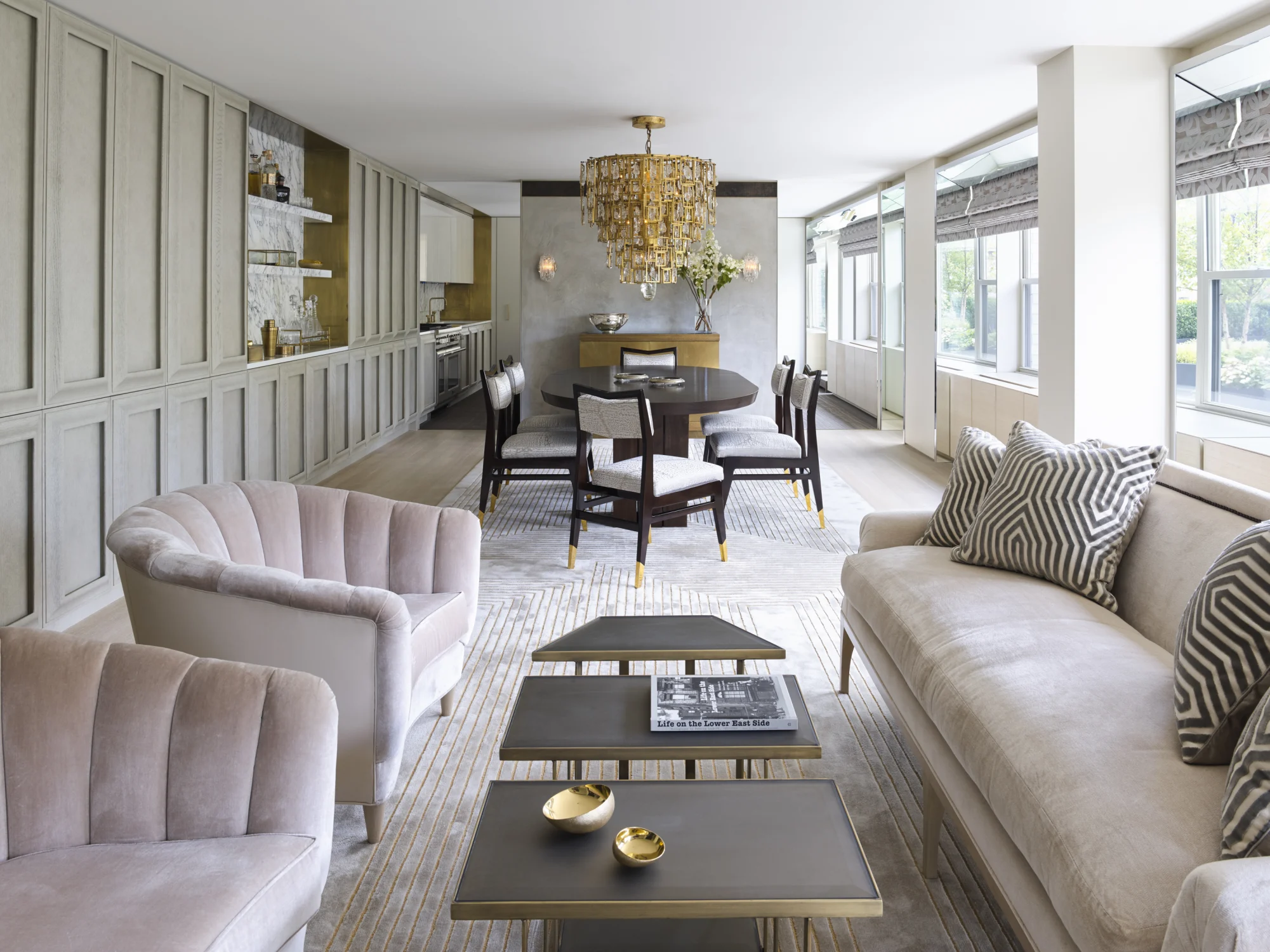 coffee table, living room, dining room, pink velvet, armchairs