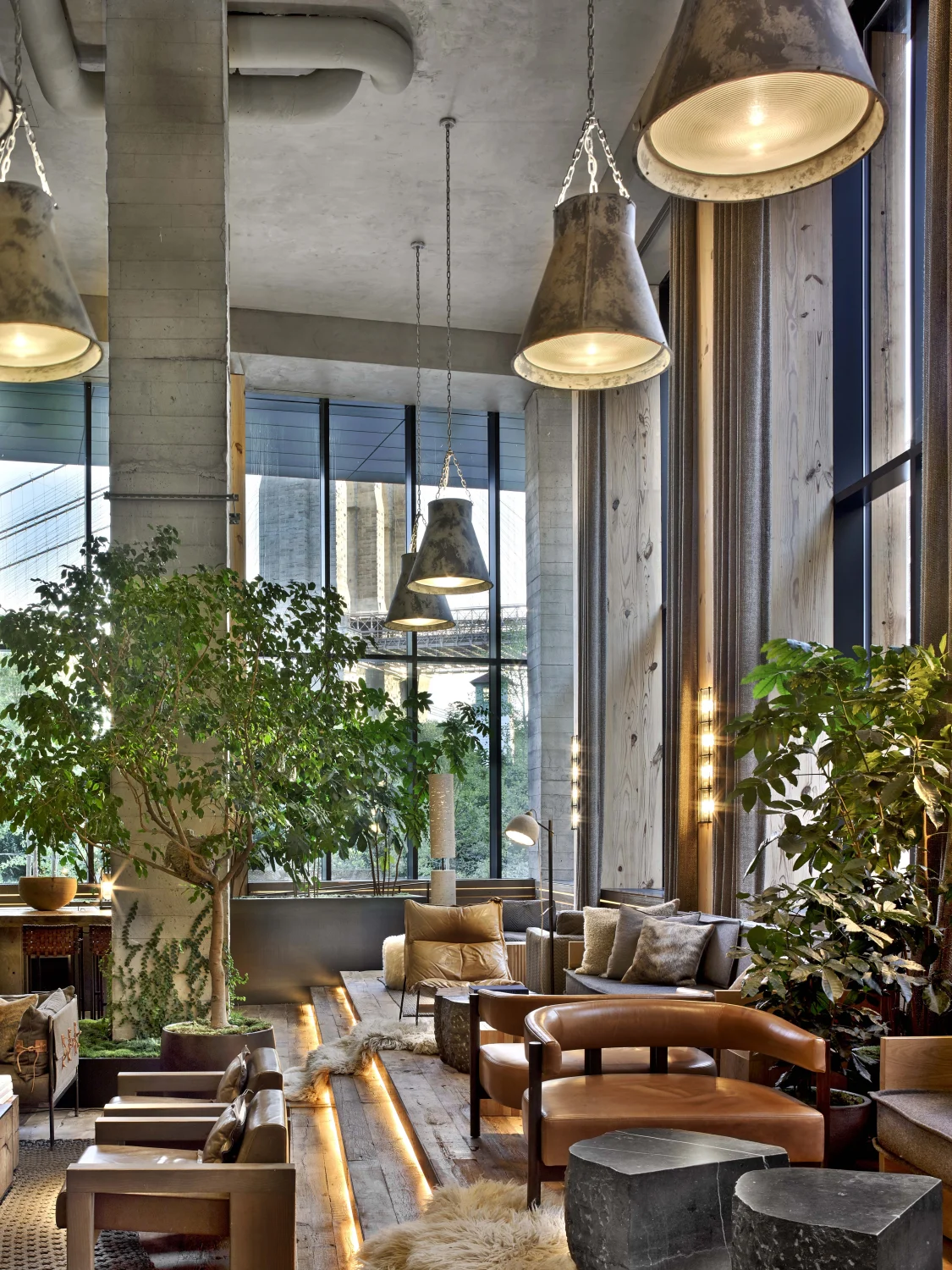lobby, windows, lights, plants, furniture, lightning, concrete, leather, inviting, high ceilings