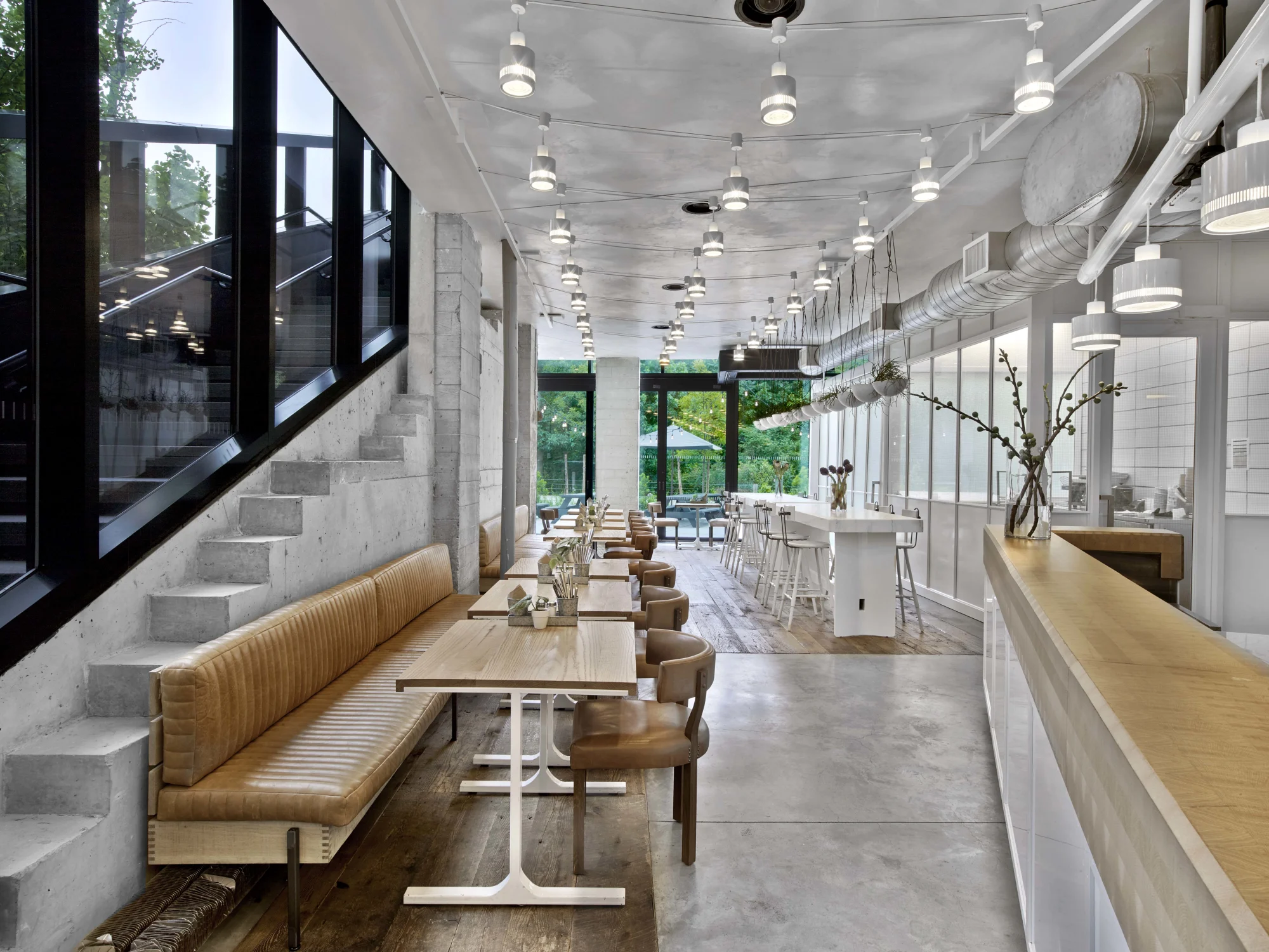 dining, tables, chairs, counter, bar, concrete, window system, wood, lightning, high top