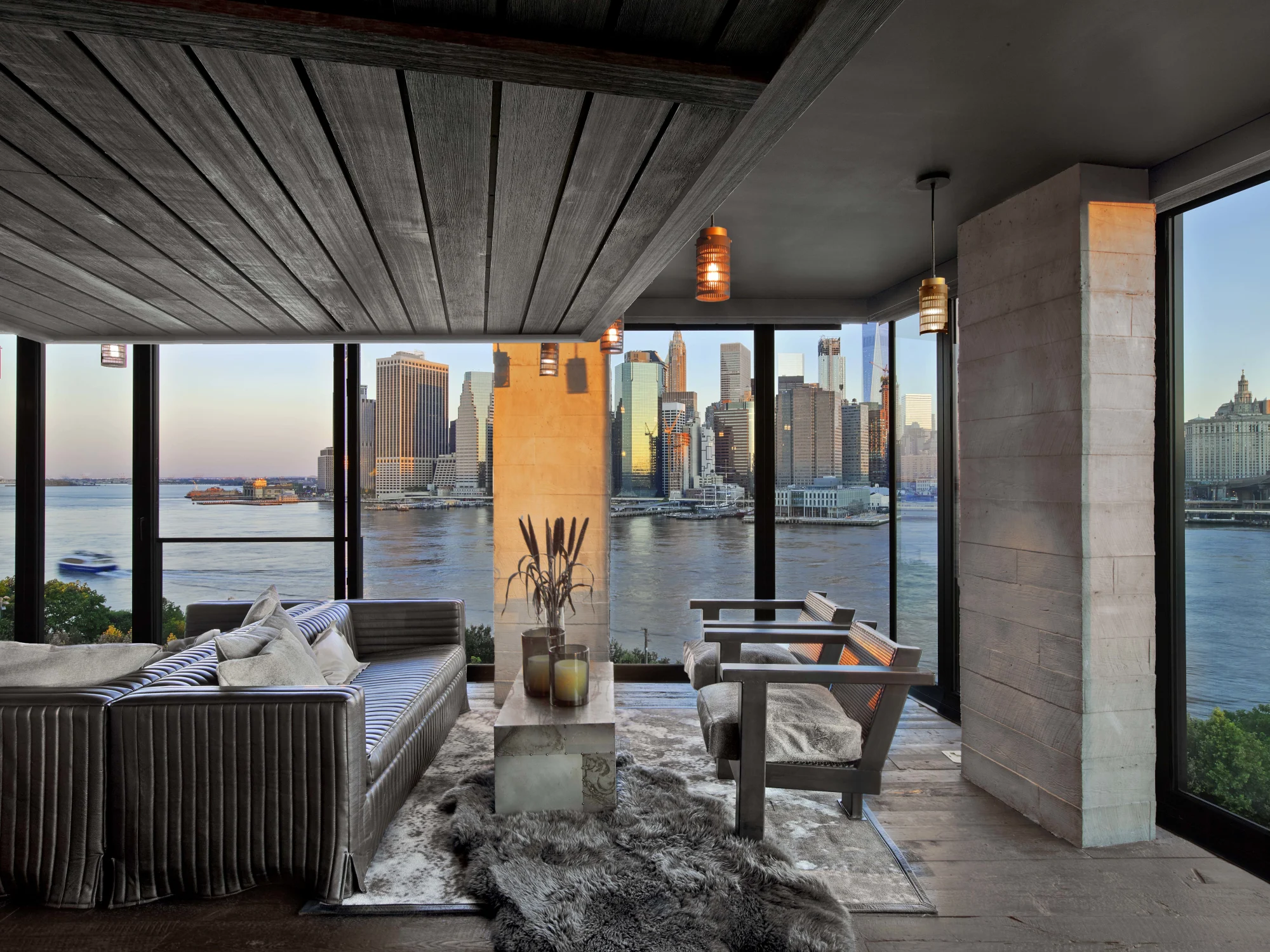 Concrete, Wood, Sofa, plush,windows, view, Hudson river, Boat, Manhattan, chairs