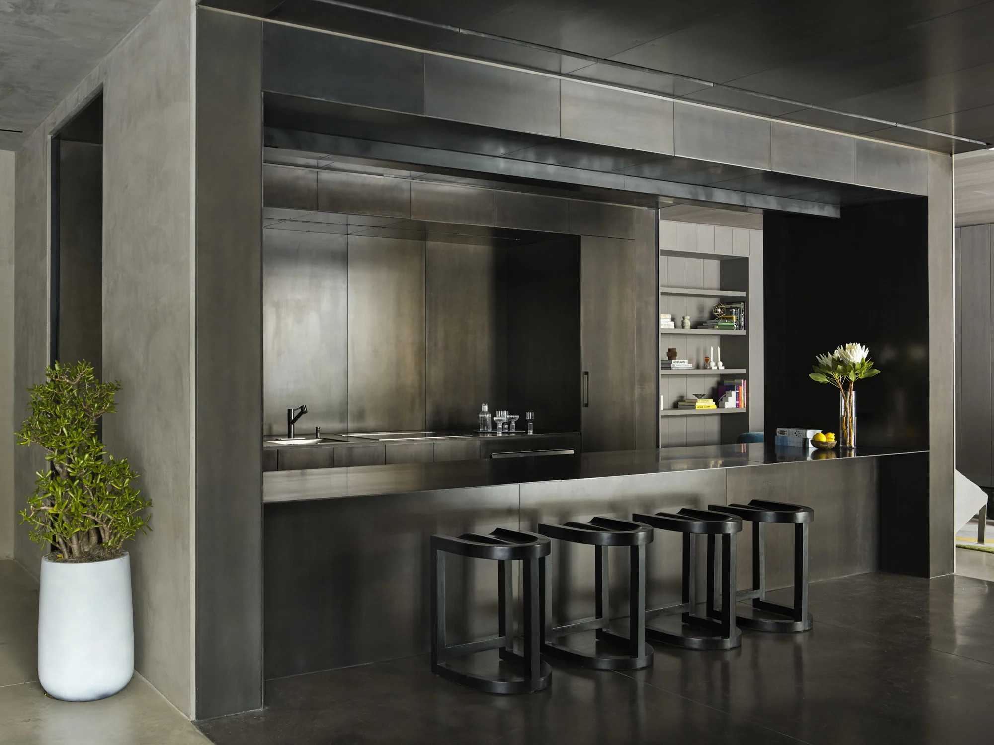 bar, stools, kitchen, bookshelf