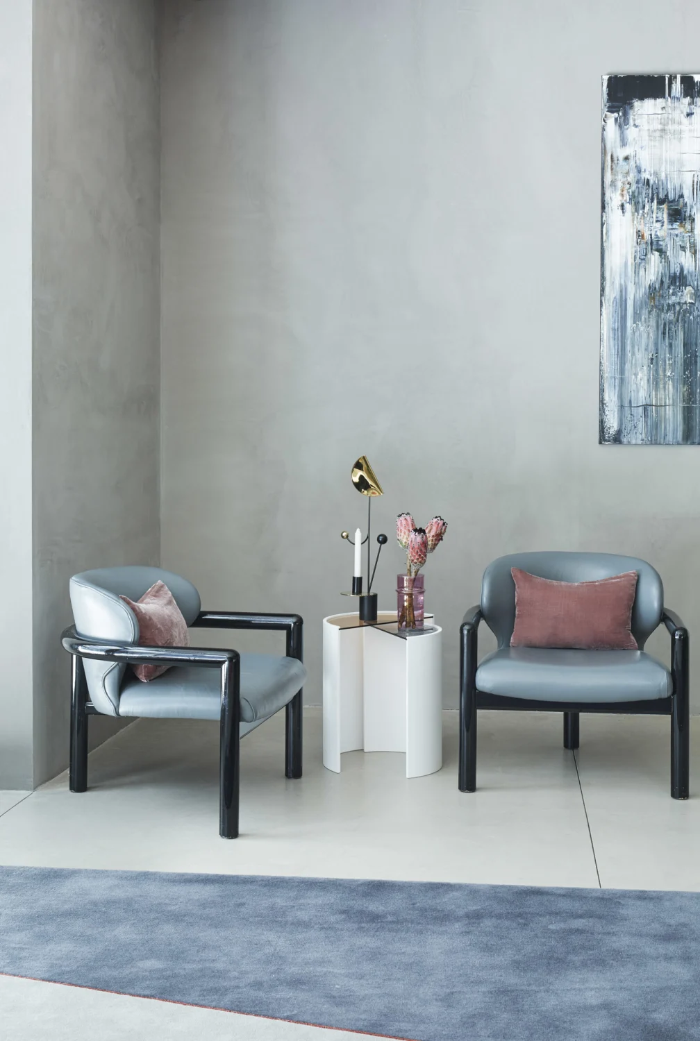 chairs, rug, art, table