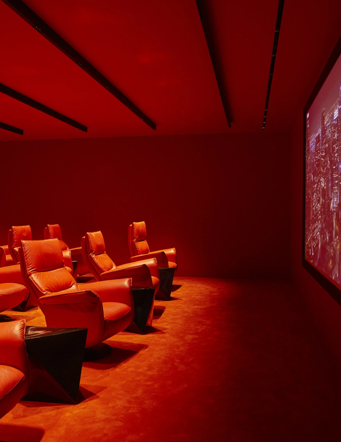 movie theater, movie room, chairs, red, screen, projector, carpet, leather, lights, table