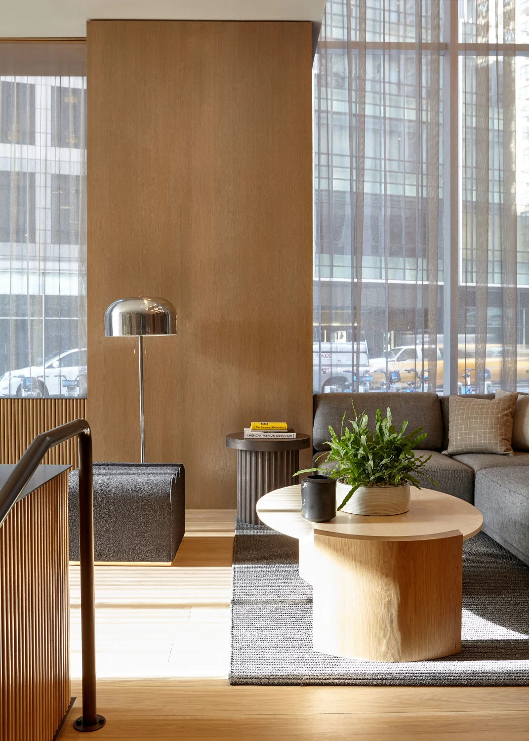 lamp, rug, coffee table, pouf, handrail, sofa, pillows, plant, windows, wood