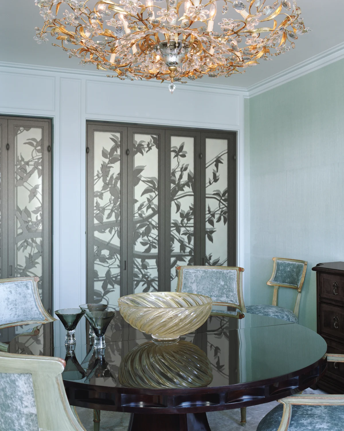 DINING ROOM, metal panels, velvet, glass